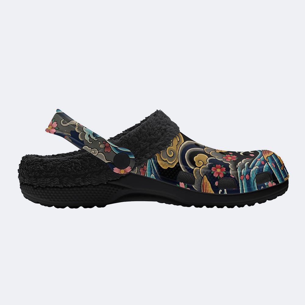 Irezumi Carp&Cherry blossom blizzardTraditional Cloud  Print Fleece-Lined Clogs