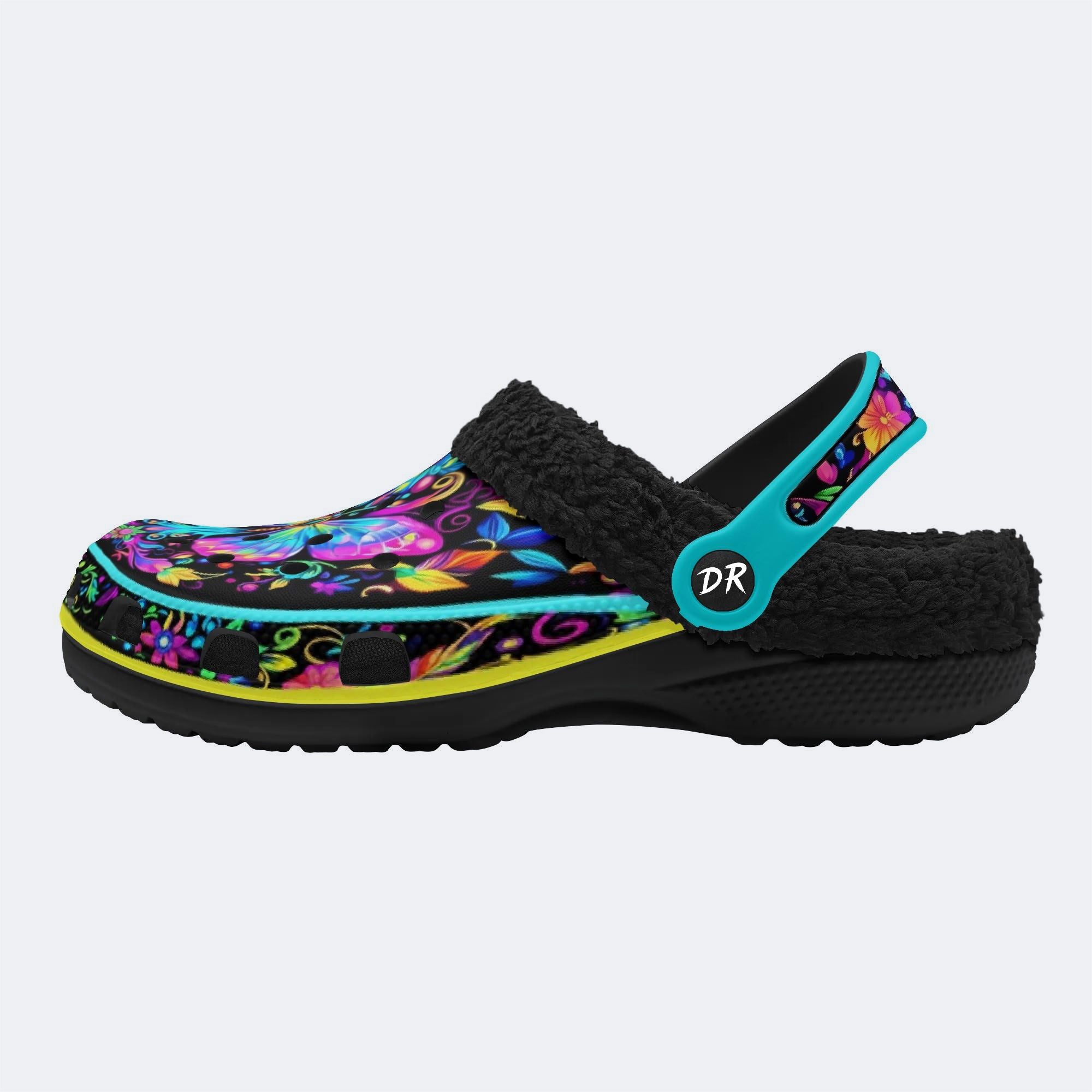 Hyper-Fluorescent psychedelic Butterfly Wreath Print Clogs