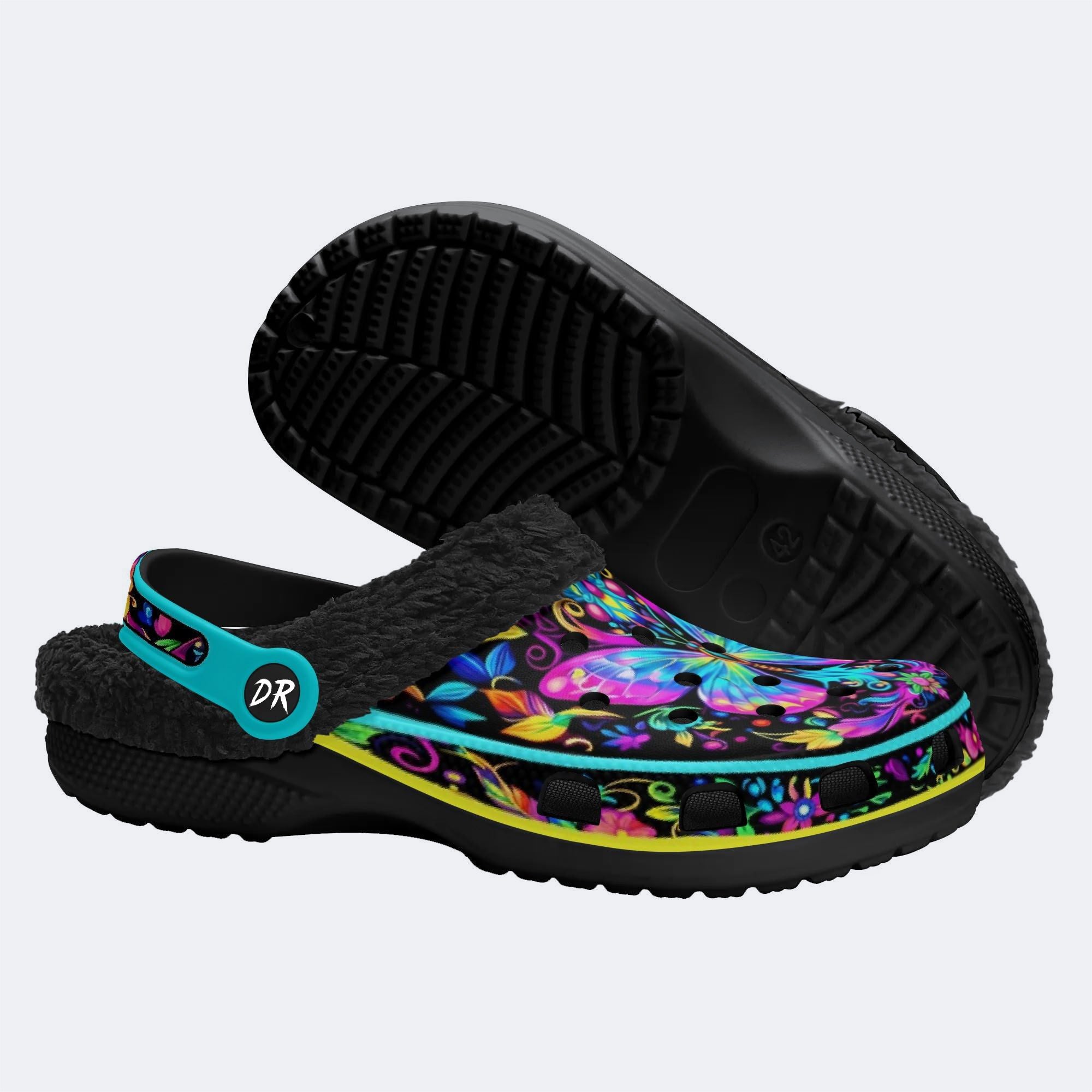 Hyper-Fluorescent psychedelic Butterfly Wreath Print Clogs