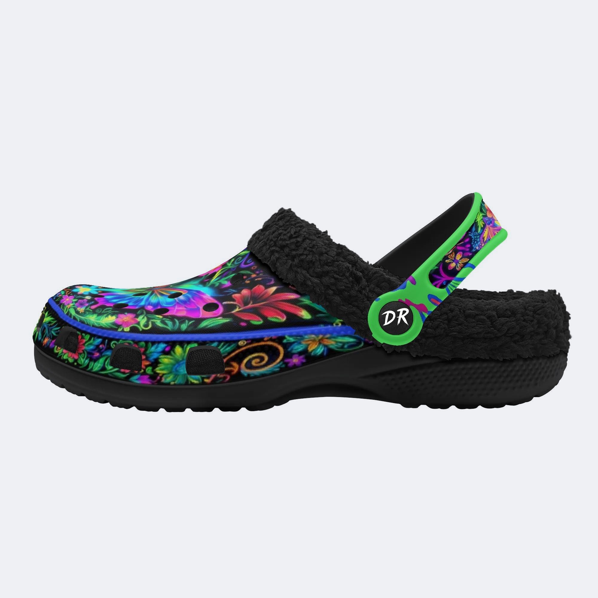 Hyper-Fluorescent psychedelic Butterfly Wreath Print Clogs