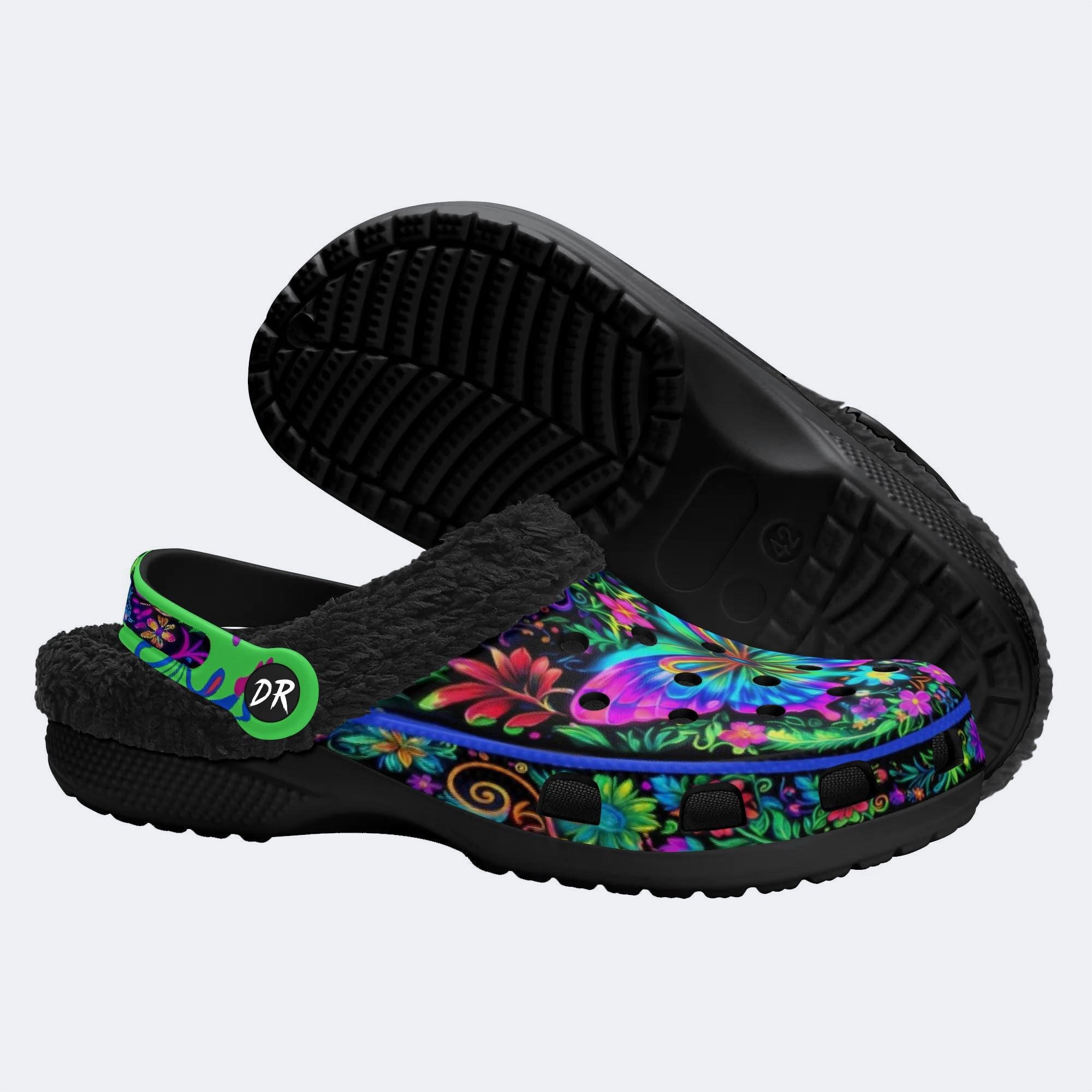 Hyper-Fluorescent psychedelic Butterfly Wreath Print Clogs