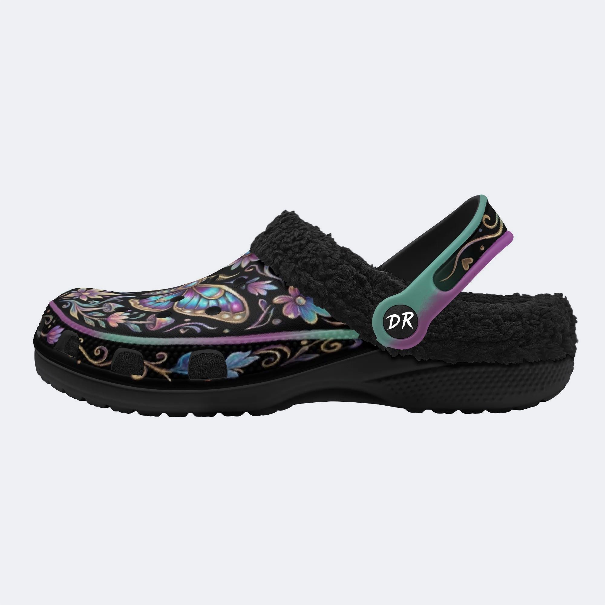 Jewel Moth Mushroom Wreath Print Fleece-Lined Clogs