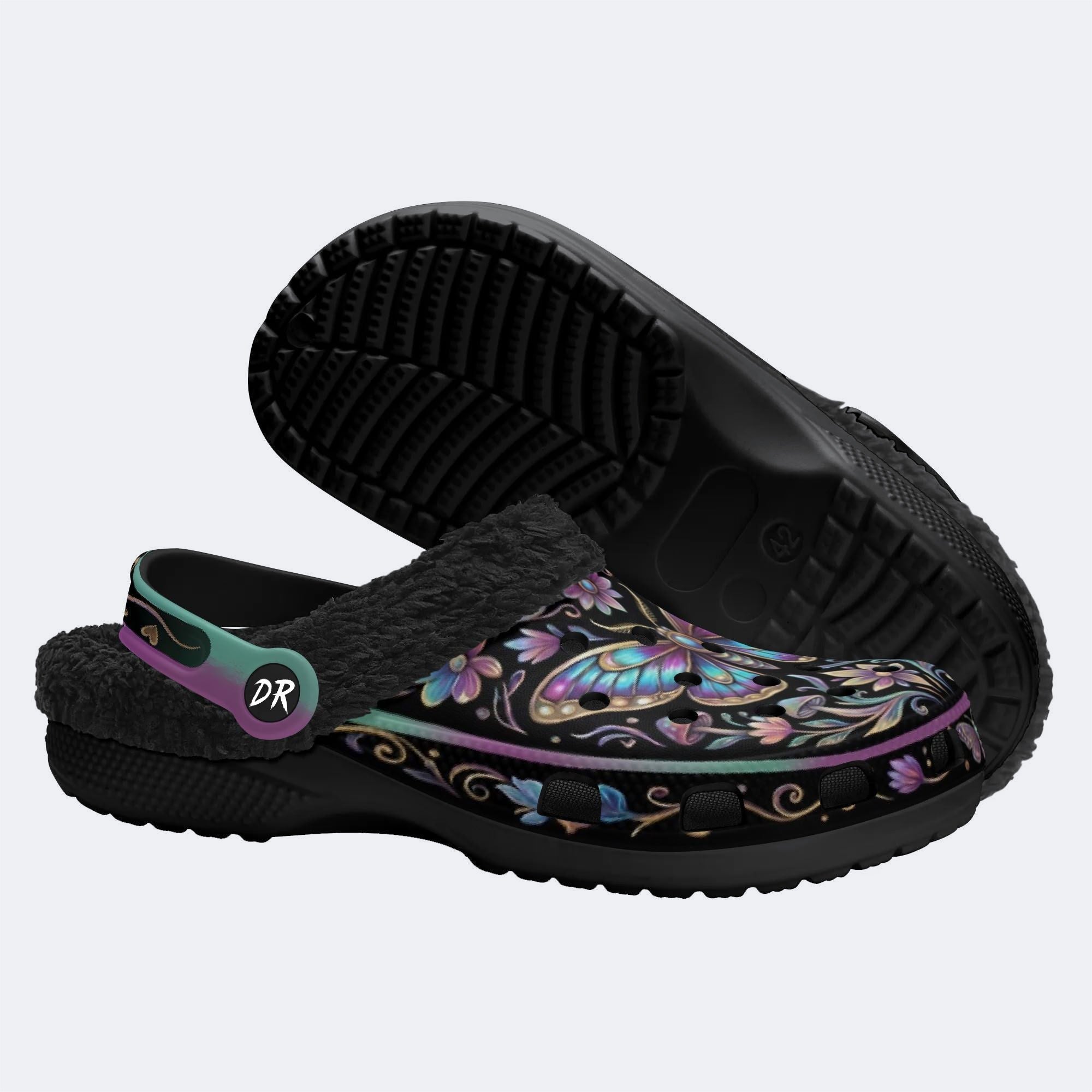 Jewel Moth Mushroom Wreath Print Fleece-Lined Clogs