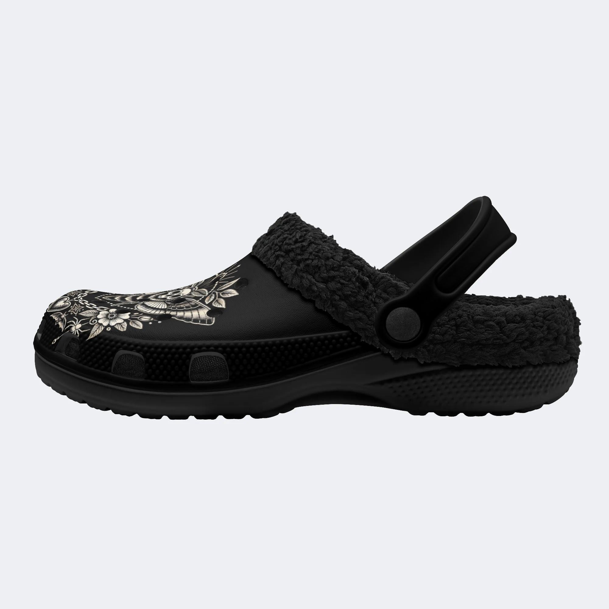 Vintage Heart Death Moth Print - Fur Lined Slippers/Sandals