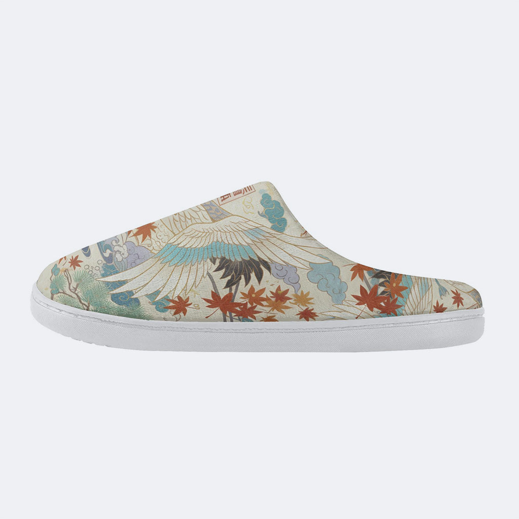 Evergreen Crane Print Fleece-Lined Slippers