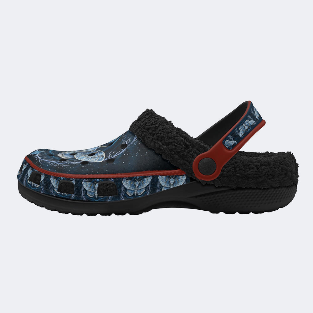 Frosty Ice Crystal Forest Moth Print Fleece-Lined Clogs