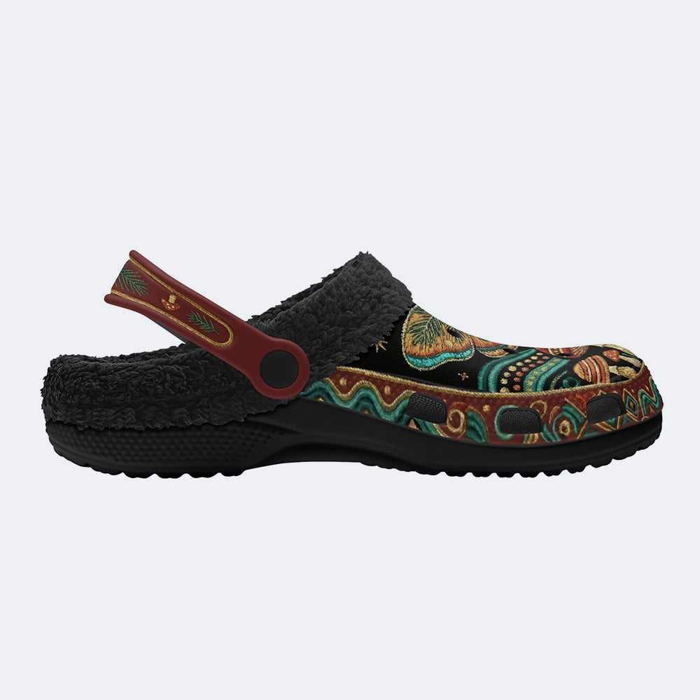 Vintage Mushroom Forest Moth Print Fleece-Lined Clogs