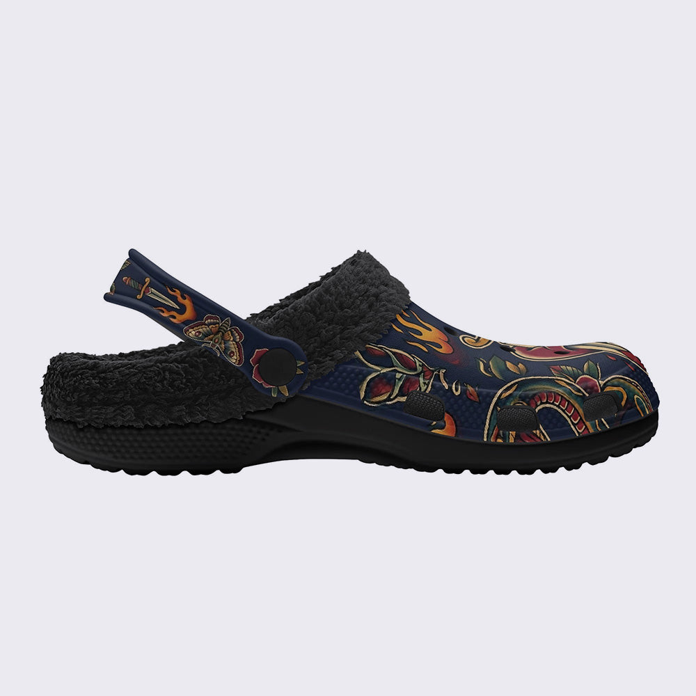 Neo-Traditional Totem Print Fleece-Lined Clogs