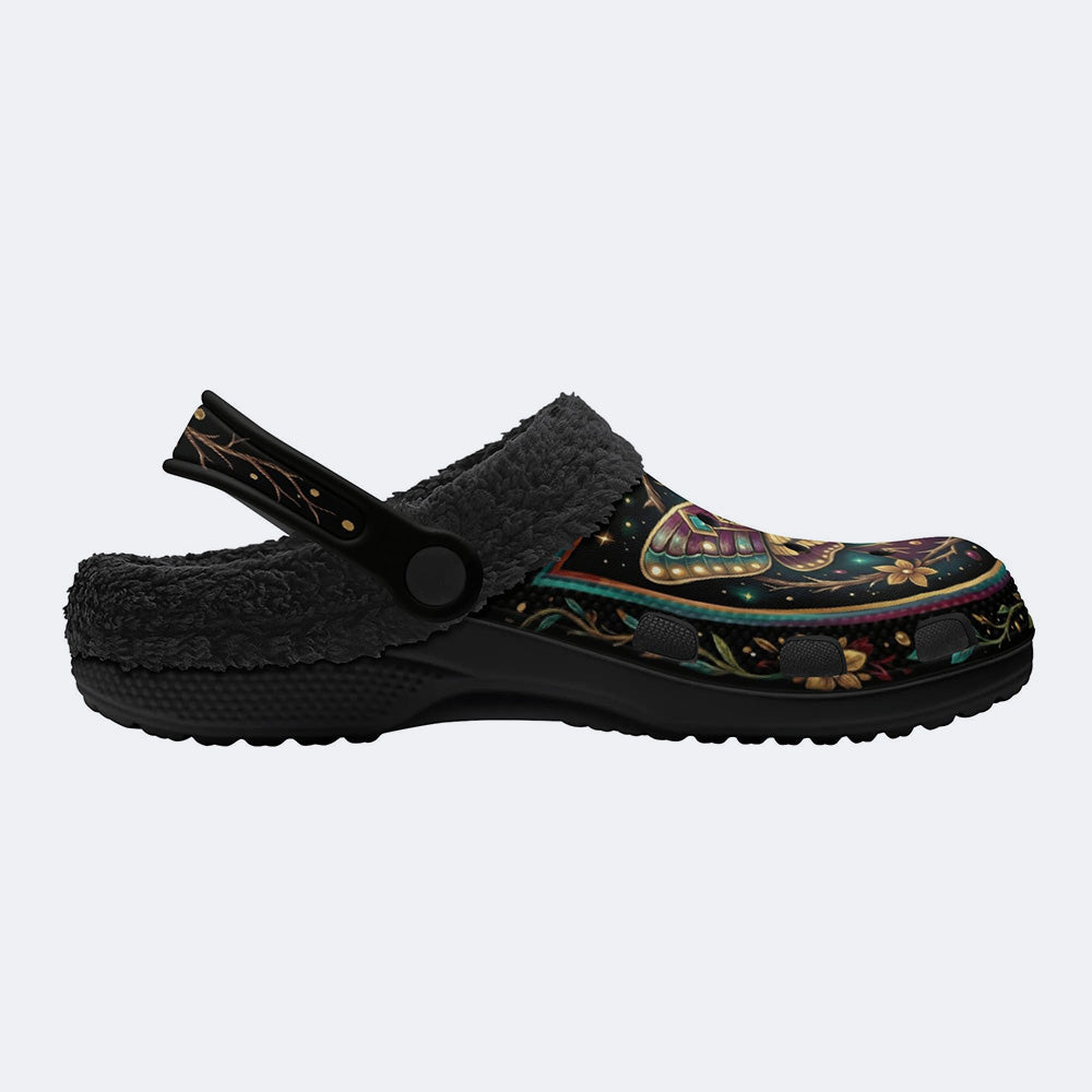 Death Moth Vintage Wreath Print Fleece-Lined Clogs