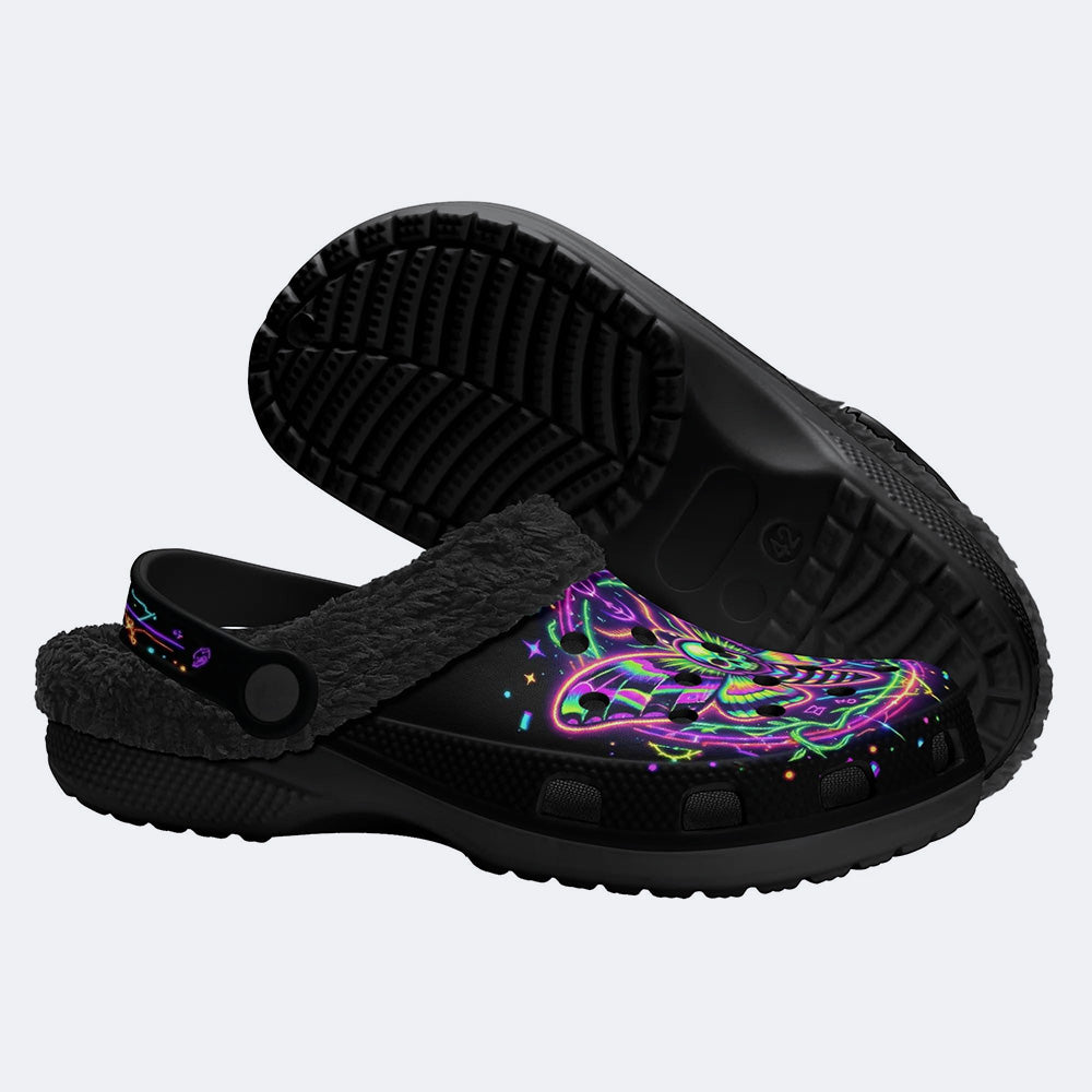 Neon Psychedelic Death Moth Print Fleece-Lined Clogs