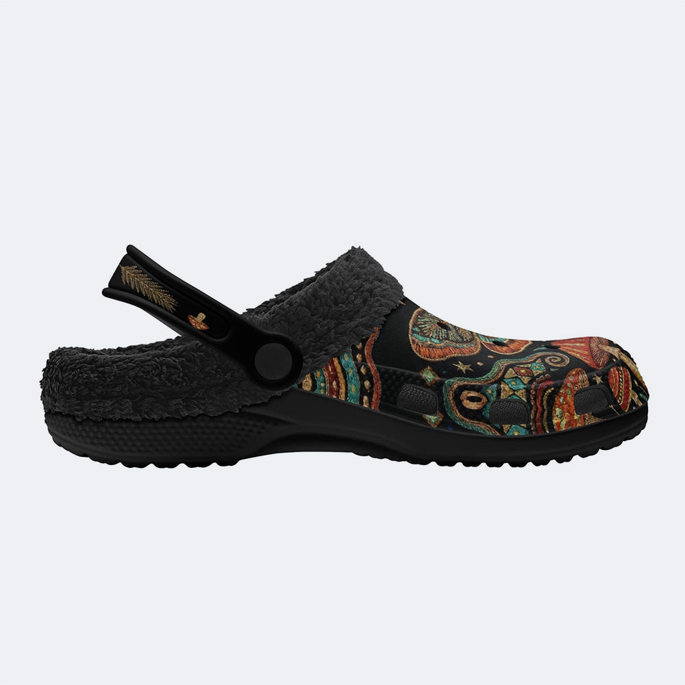 Pine Branch Moth Mushroom Print Fleece-Lined Clogs