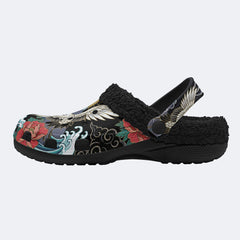 Waves Over Mount Fuji & Crane & Peony Print Fleece-Lined Clogs