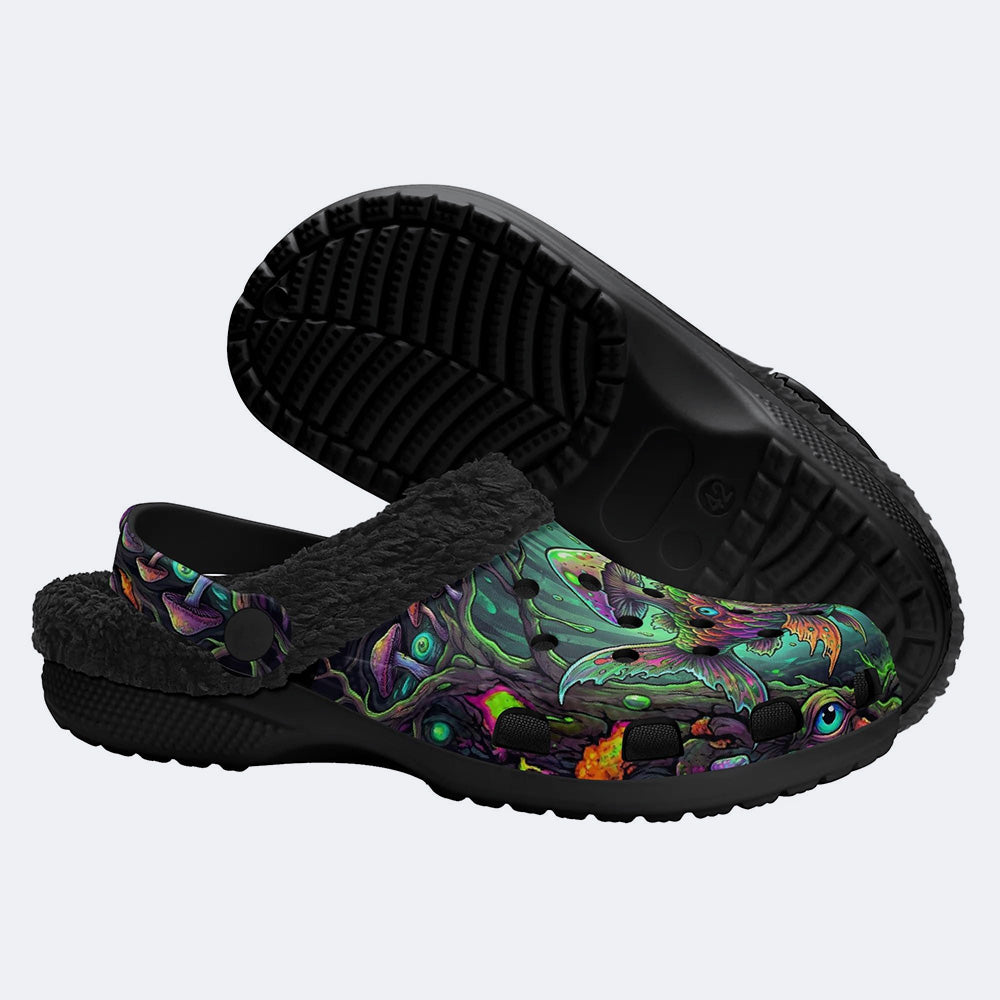 Eerie Forest Mushroom Fish Print Fleece-Lined Clogs