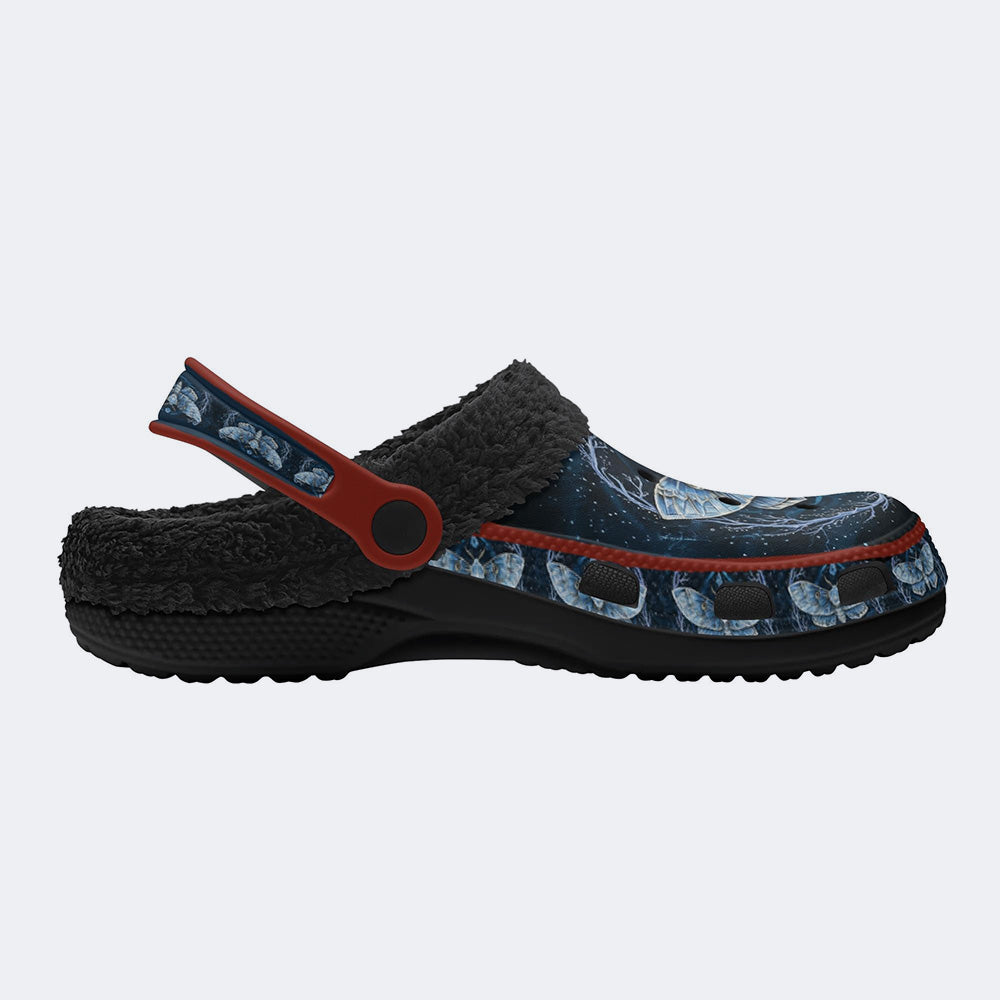 Frosty Ice Crystal Forest Moth Print Fleece-Lined Clogs