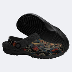 Irezumi Demon Mask & Maple Leaf & Black Wind and Flames Print Fleece-Lined Clogs