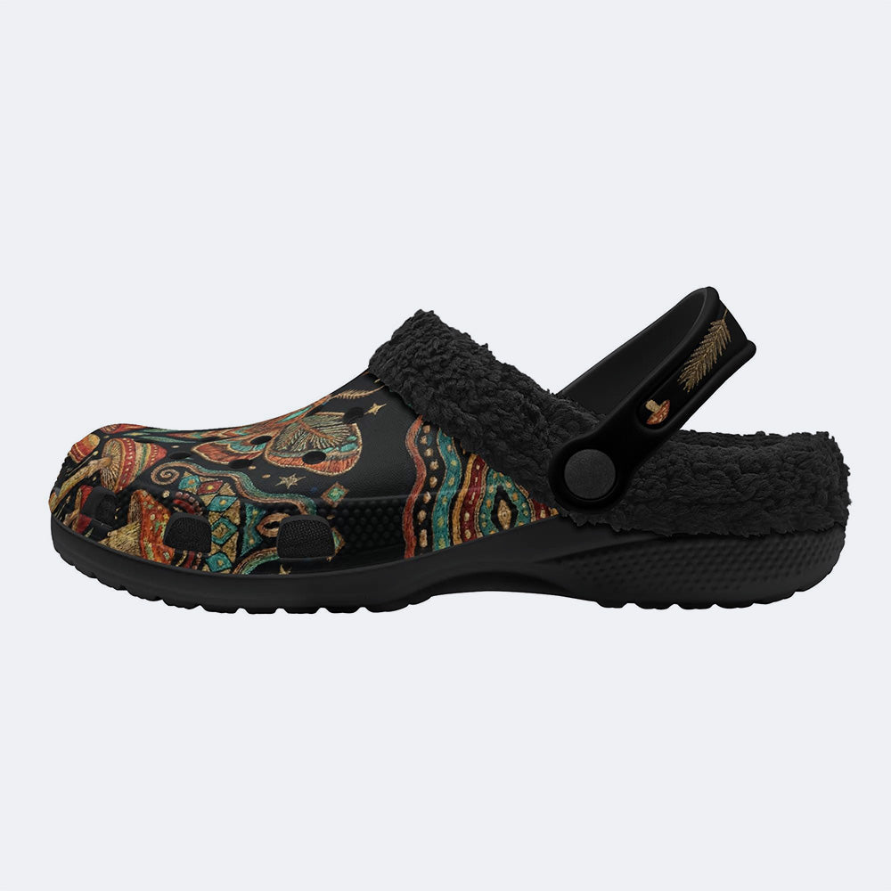 Pine Branch Moth Mushroom Print Fleece-Lined Clogs