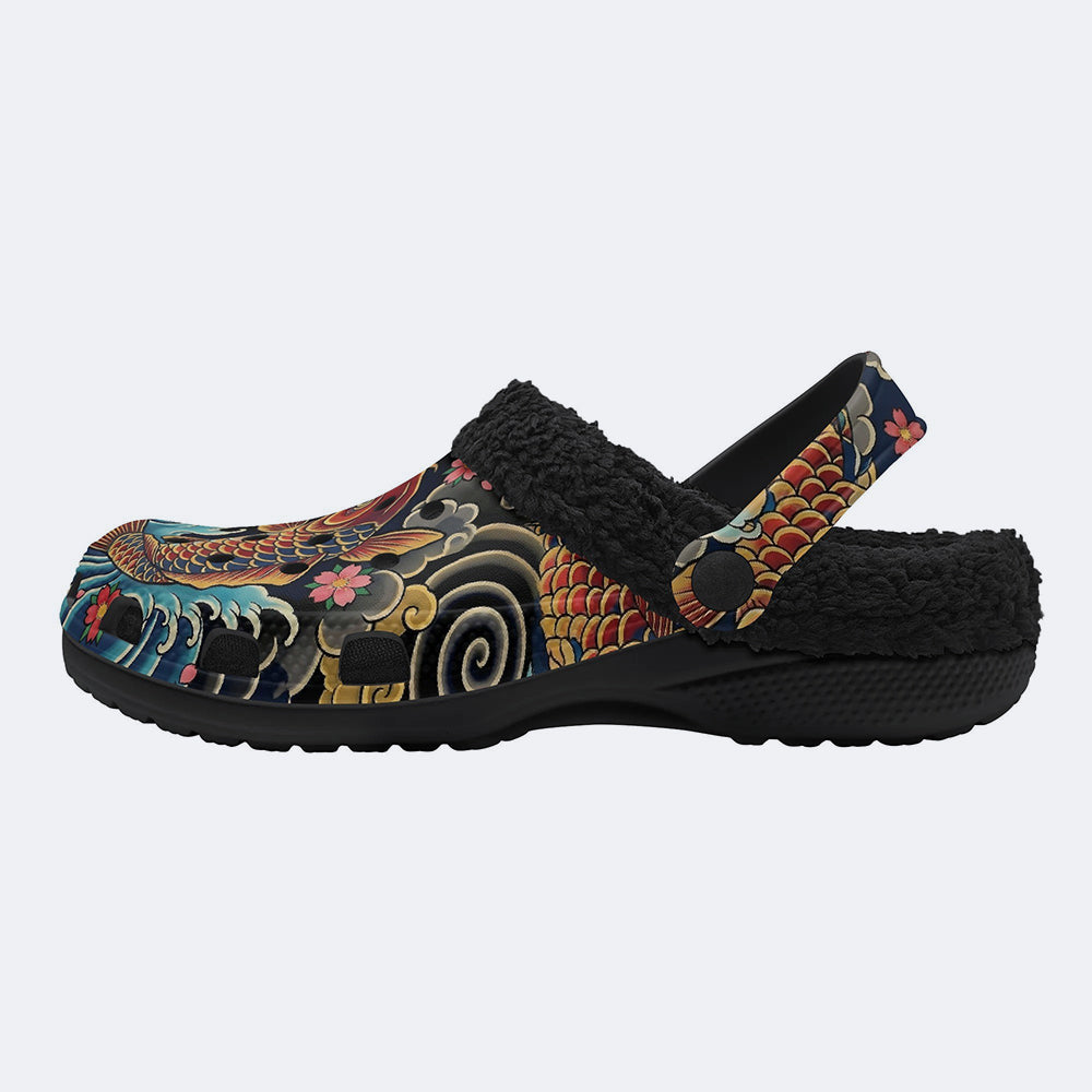 Irezumi Carp&Cherry blossom blizzardTraditional Cloud  Print Fleece-Lined Clogs