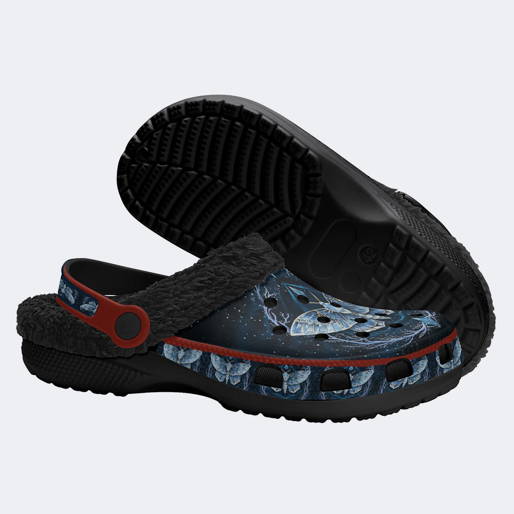 Frosty Ice Crystal Forest Moth Print Fleece-Lined Clogs