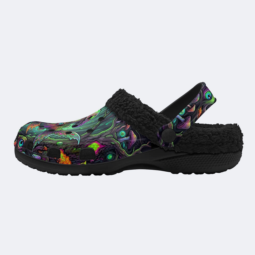 Eerie Forest Mushroom Fish Print Fleece-Lined Clogs