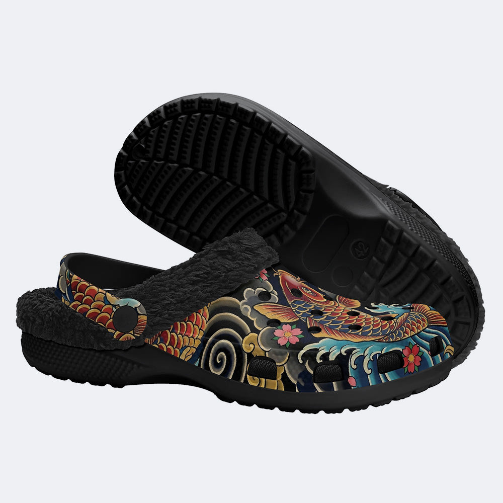 Irezumi Carp&Cherry blossom blizzardTraditional Cloud  Print Fleece-Lined Clogs