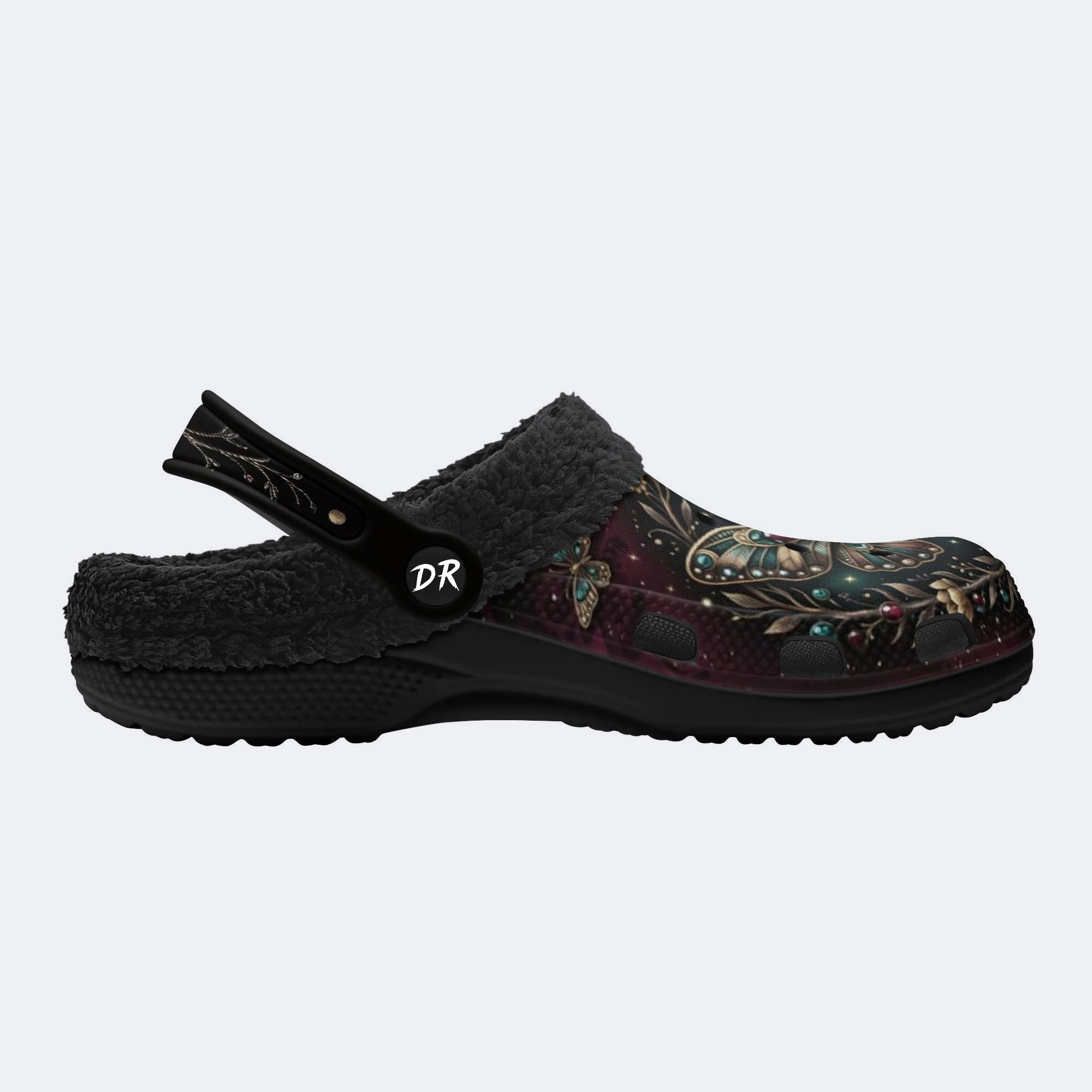 Dark Night Radiant Gem Butterfly Dance Print Fleece-Lined Clogs