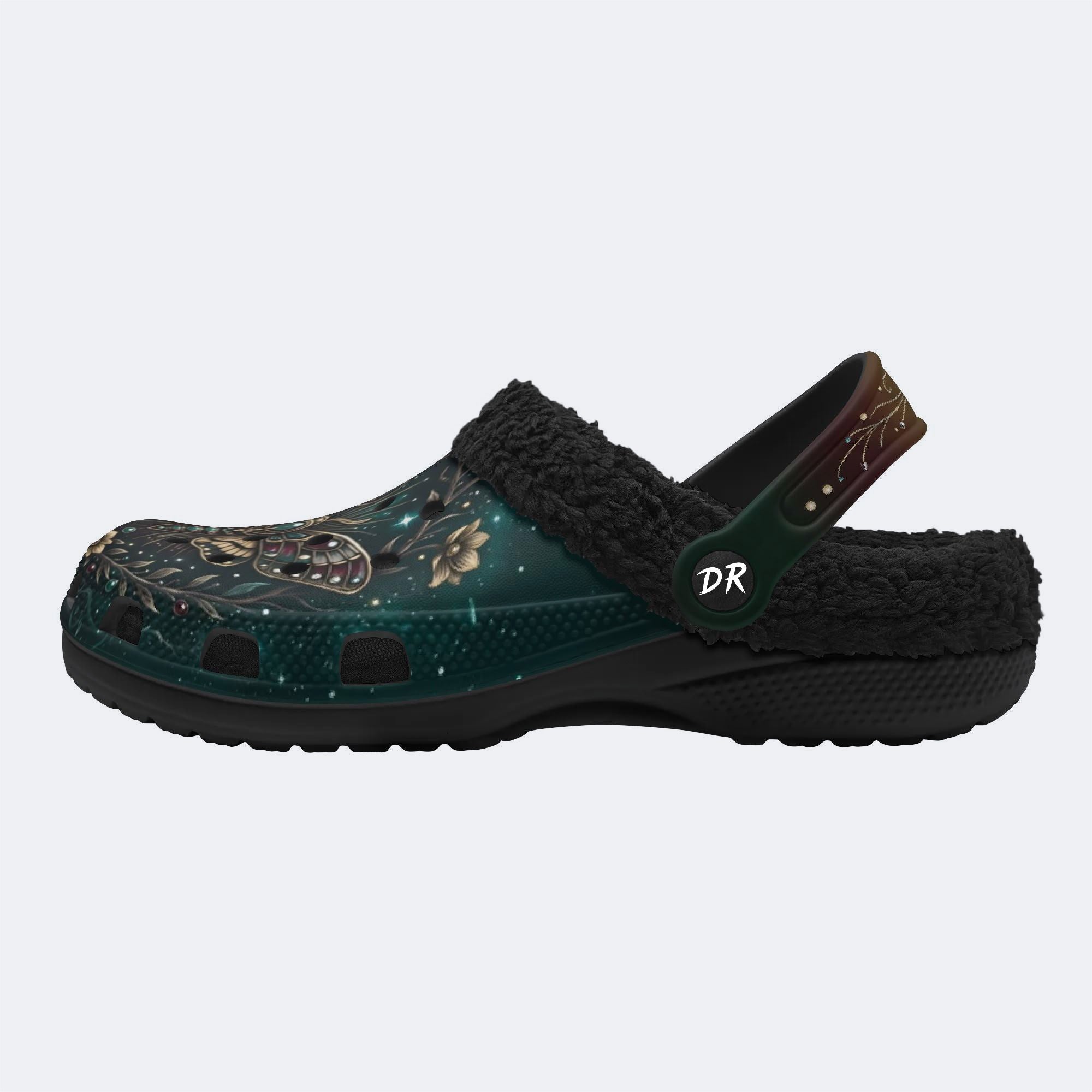 Retro Skull Moth Flowers Print Clogs