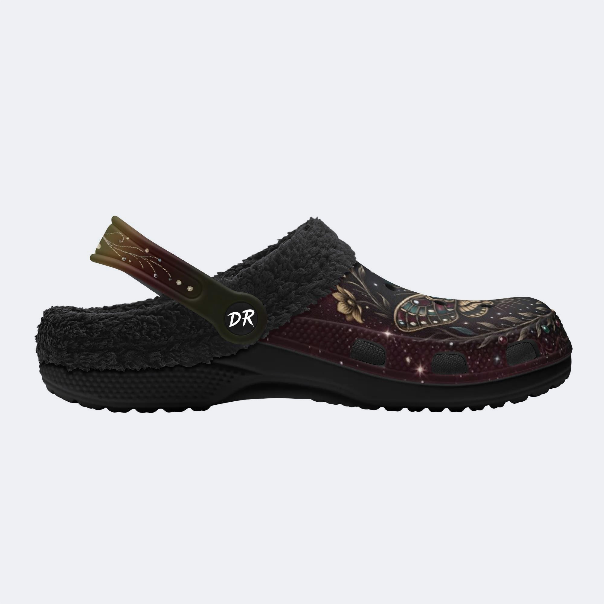 Retro Skull Moth Flowers Print Clogs