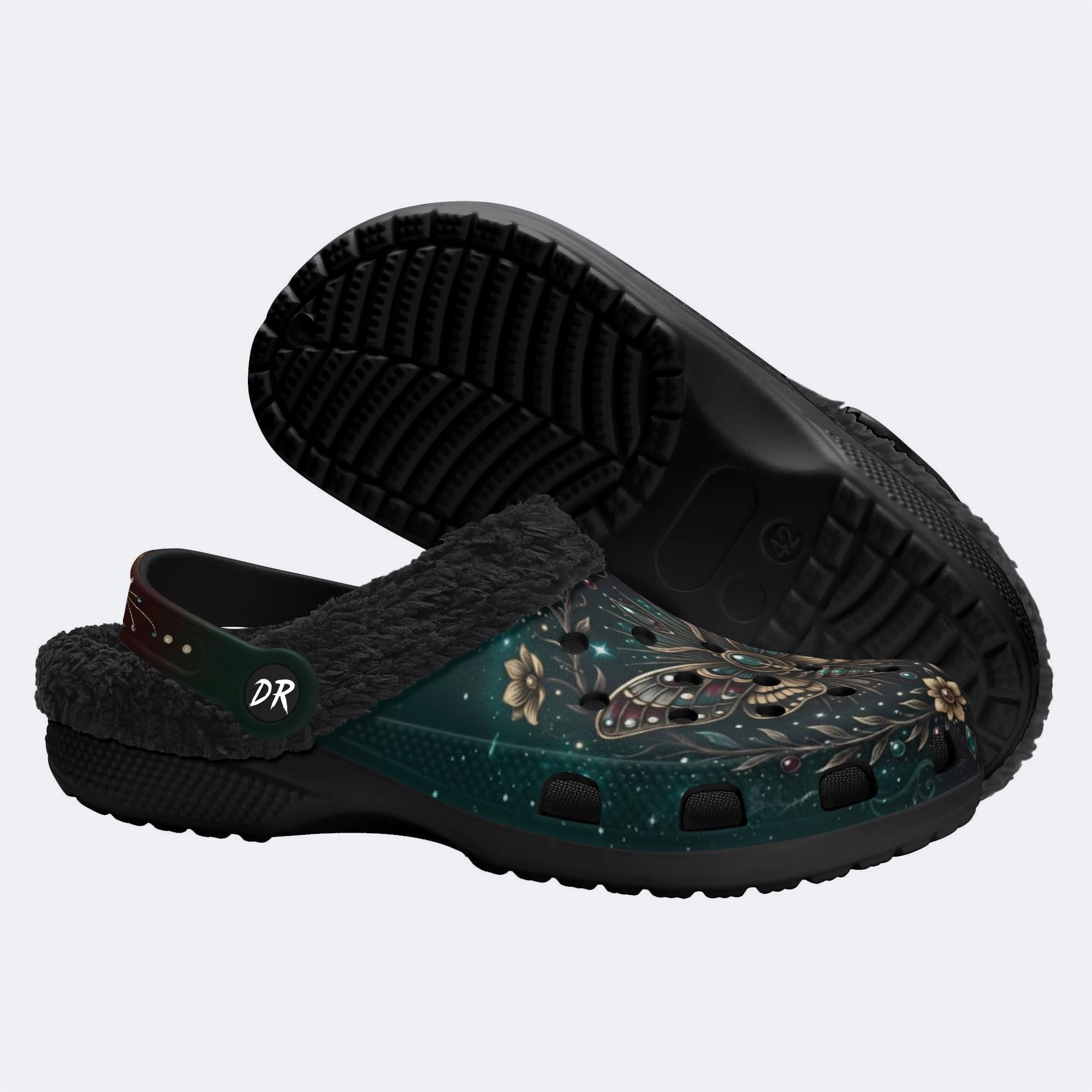 Retro Skull Moth Flowers Print Clogs