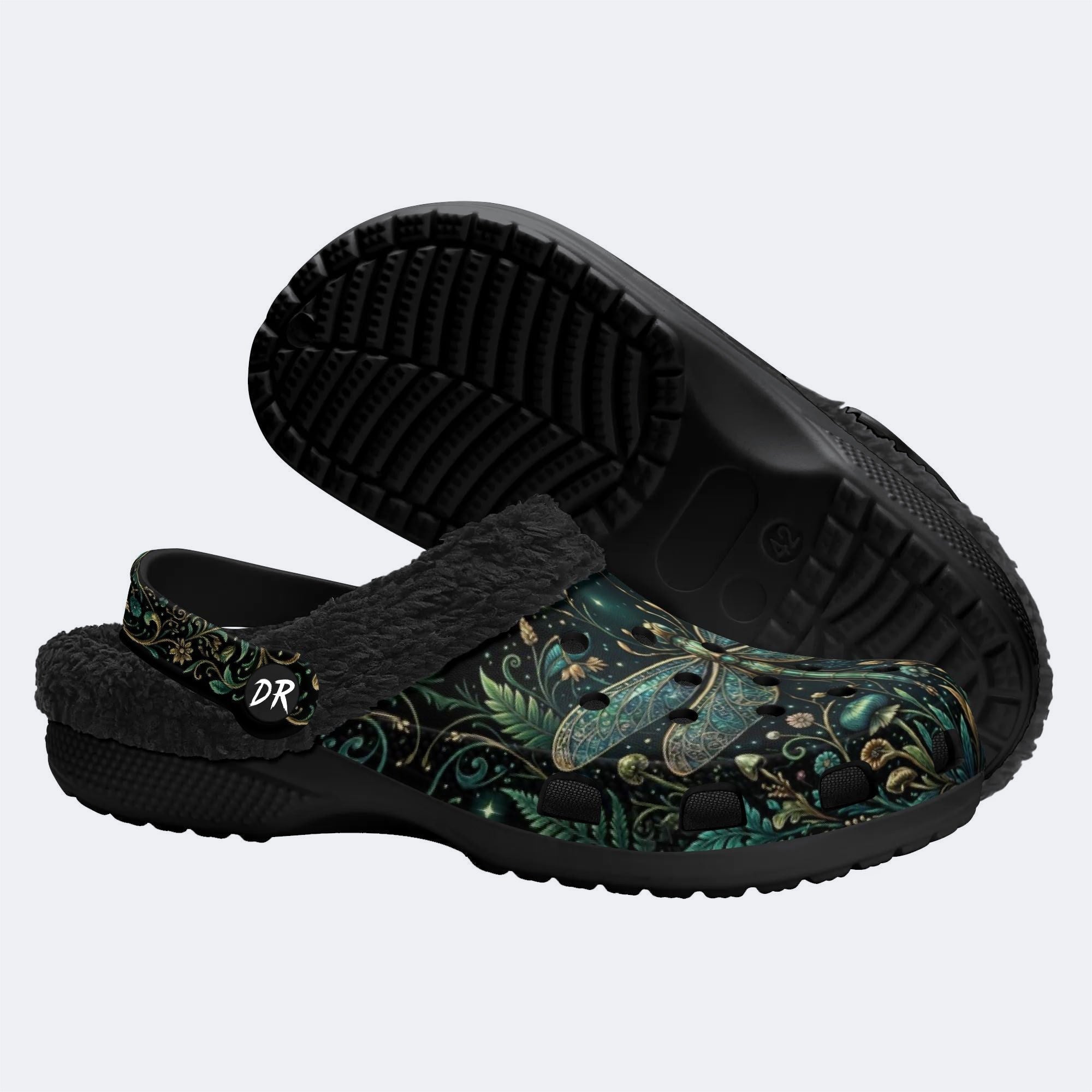 Dragonfly Forest Print Fleece-Lined Clogs