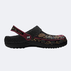 Romantic Black Cat Hibiscus Print Fleece-Lined Clogs