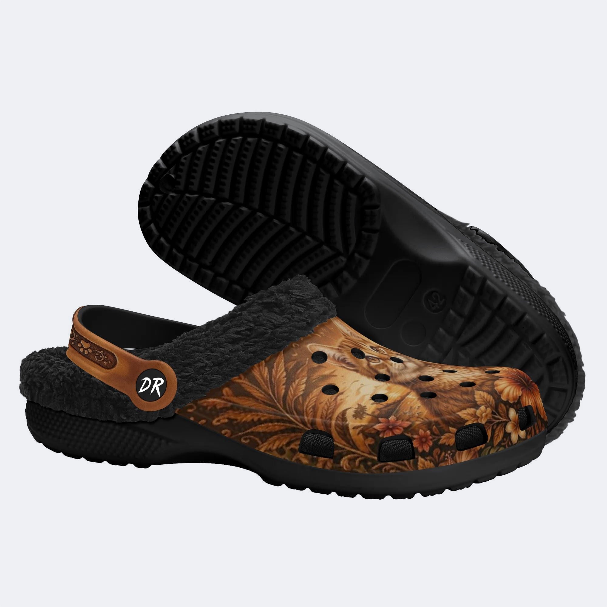 Tropical Ginger Cat Print Fleece-Lined Clogs