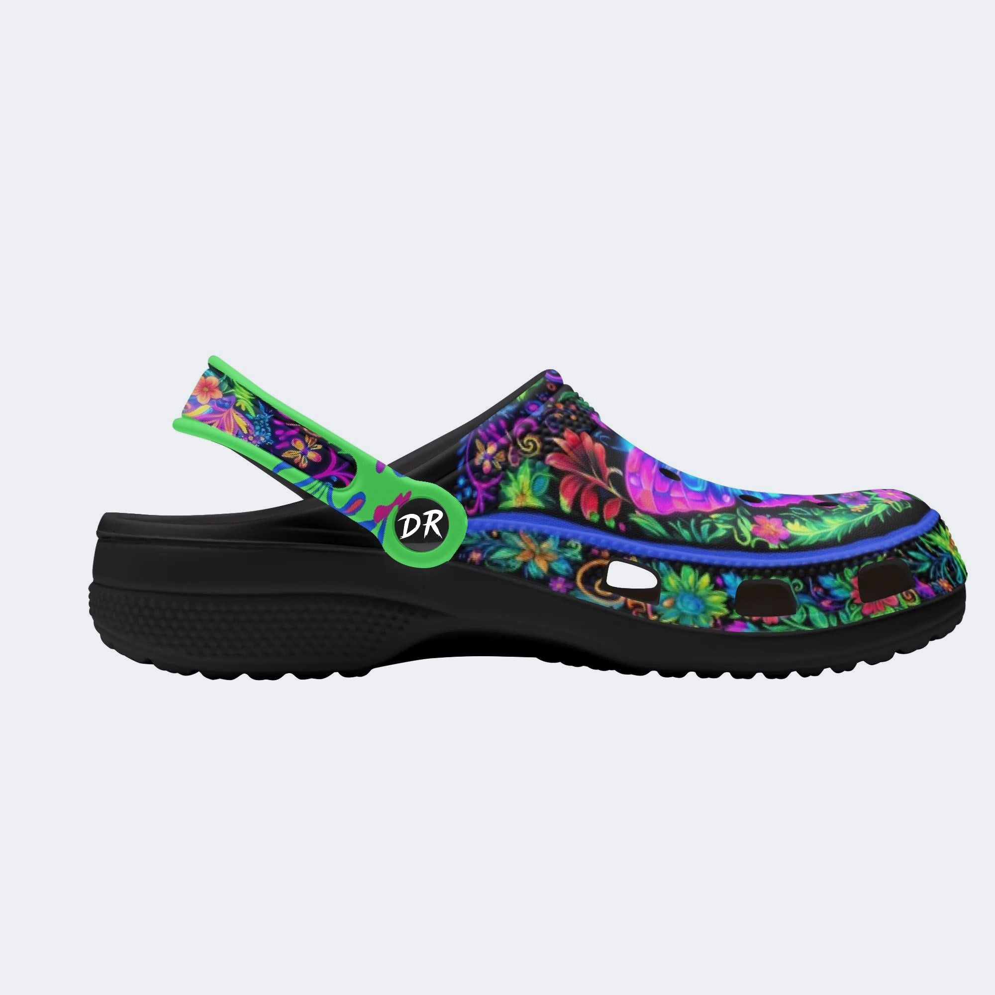 Hyper-Fluorescent psychedelic Butterfly Wreath Print Clogs