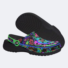 Hyper-Fluorescent psychedelic Butterfly Wreath Print Clogs