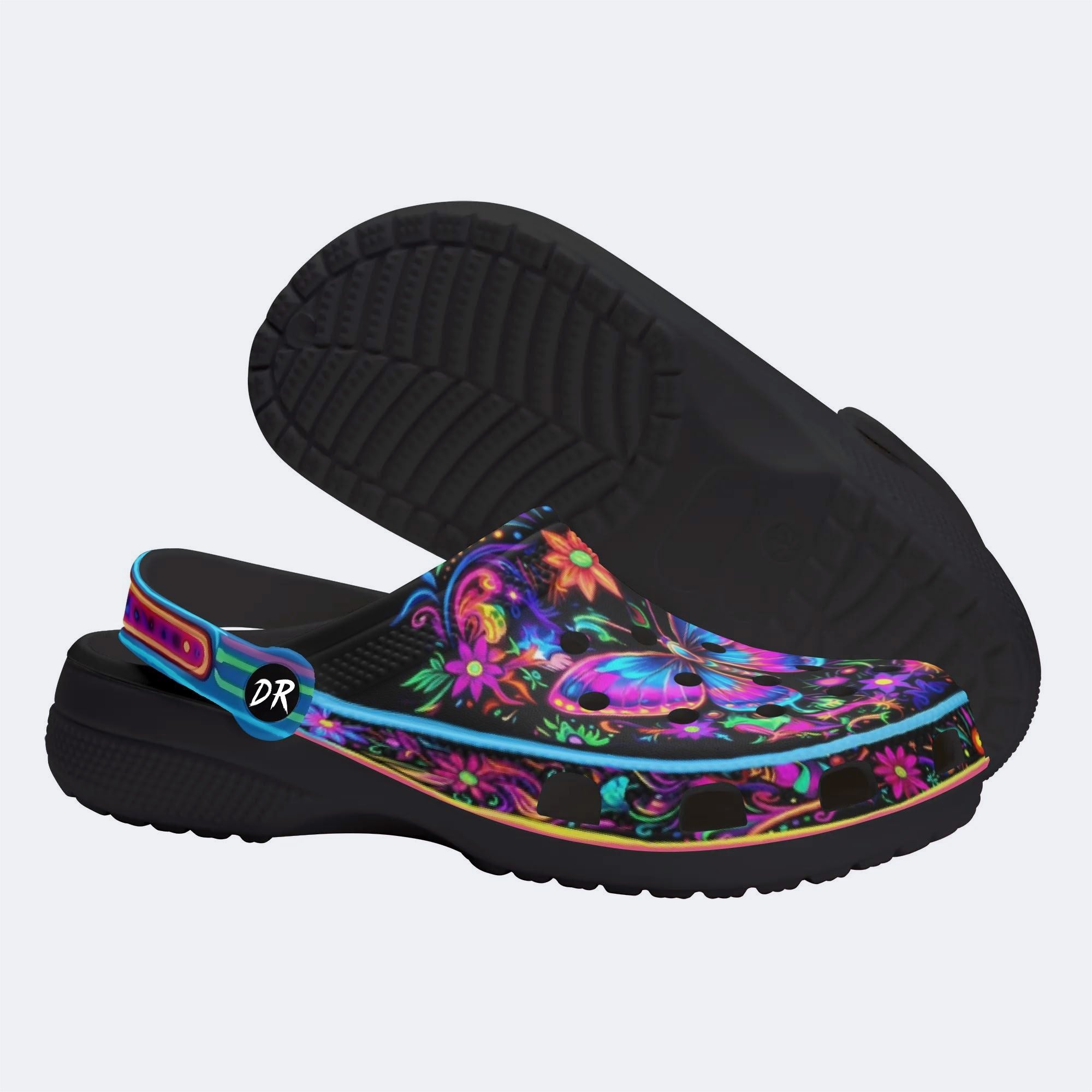 Hyper-Fluorescent psychedelic Butterfly Wreath Print Clogs