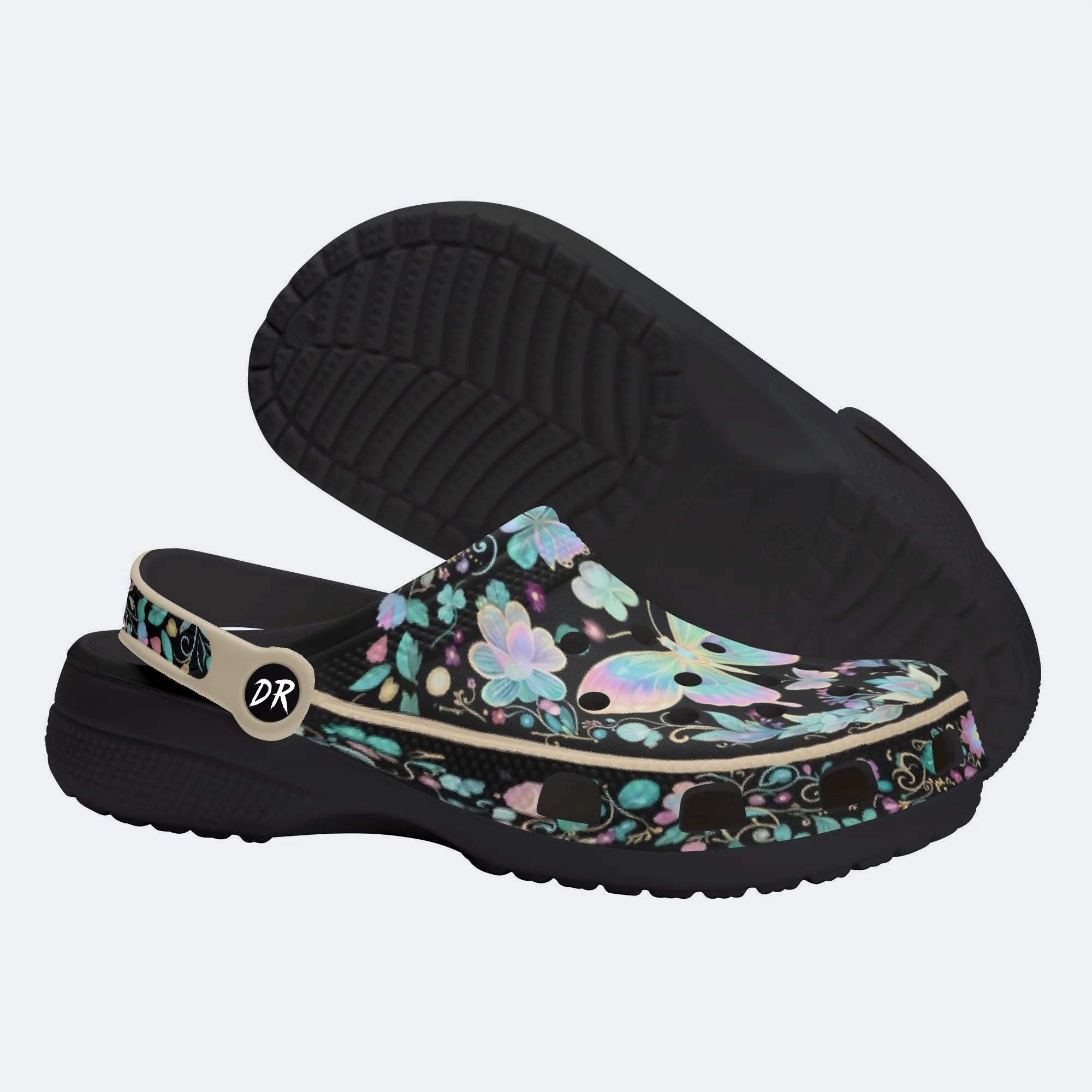 Iridescent Psychedelic Butterfly Wreath Print Clogs