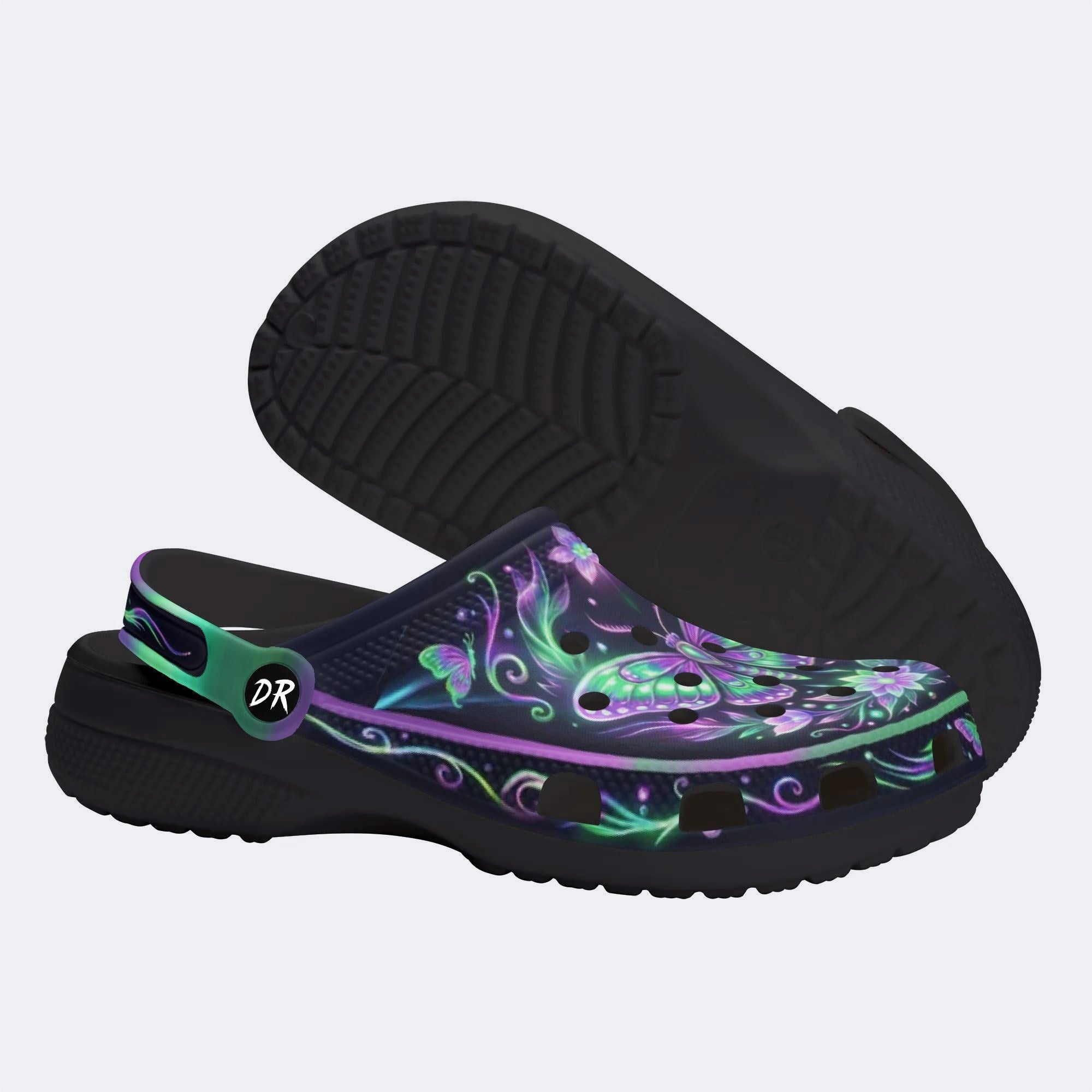 Dark Night Iridescent Moth Flowers Print Fleece-Lined Clogs