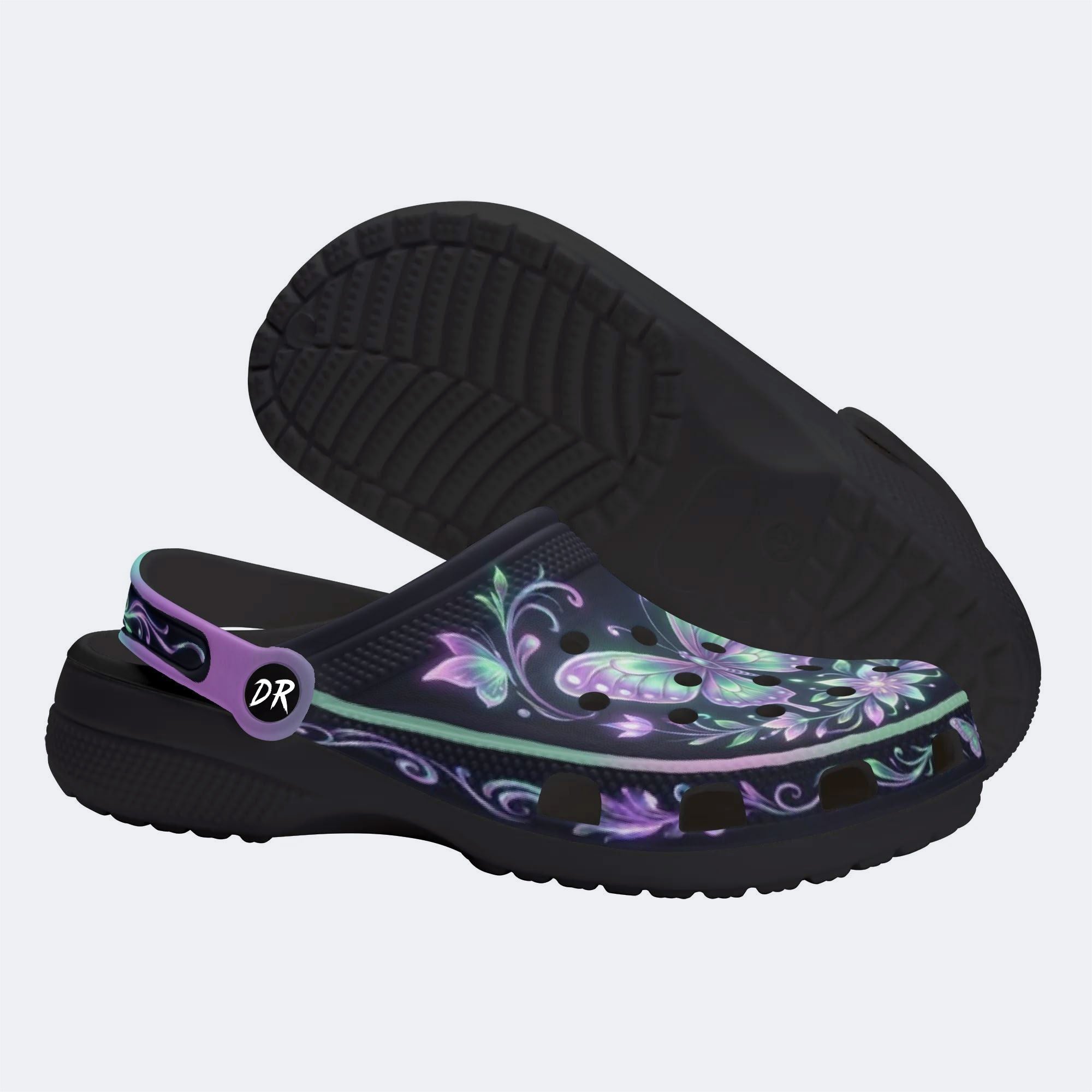 Night-lit Fluorescent Butterfly Vine Print Clogs