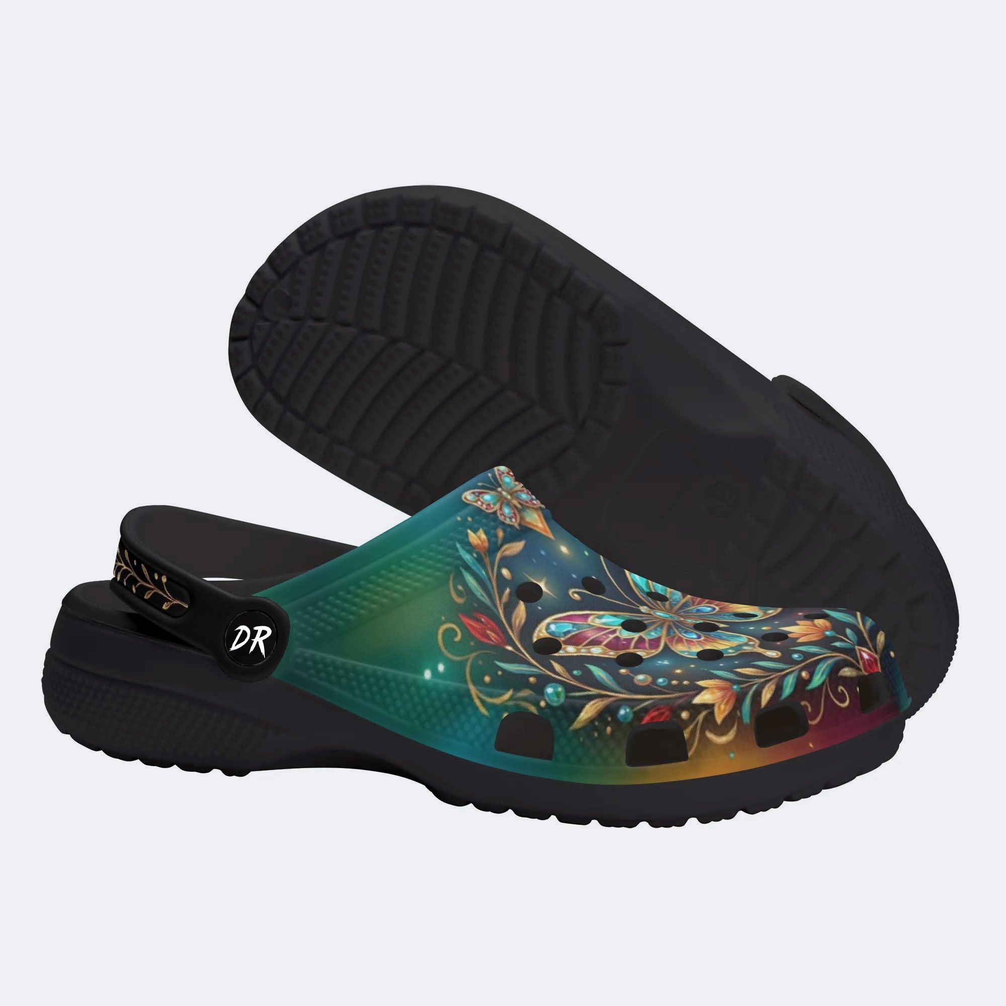 Brilliant Butterfly on Vines Print Fleece-Lined Clogs