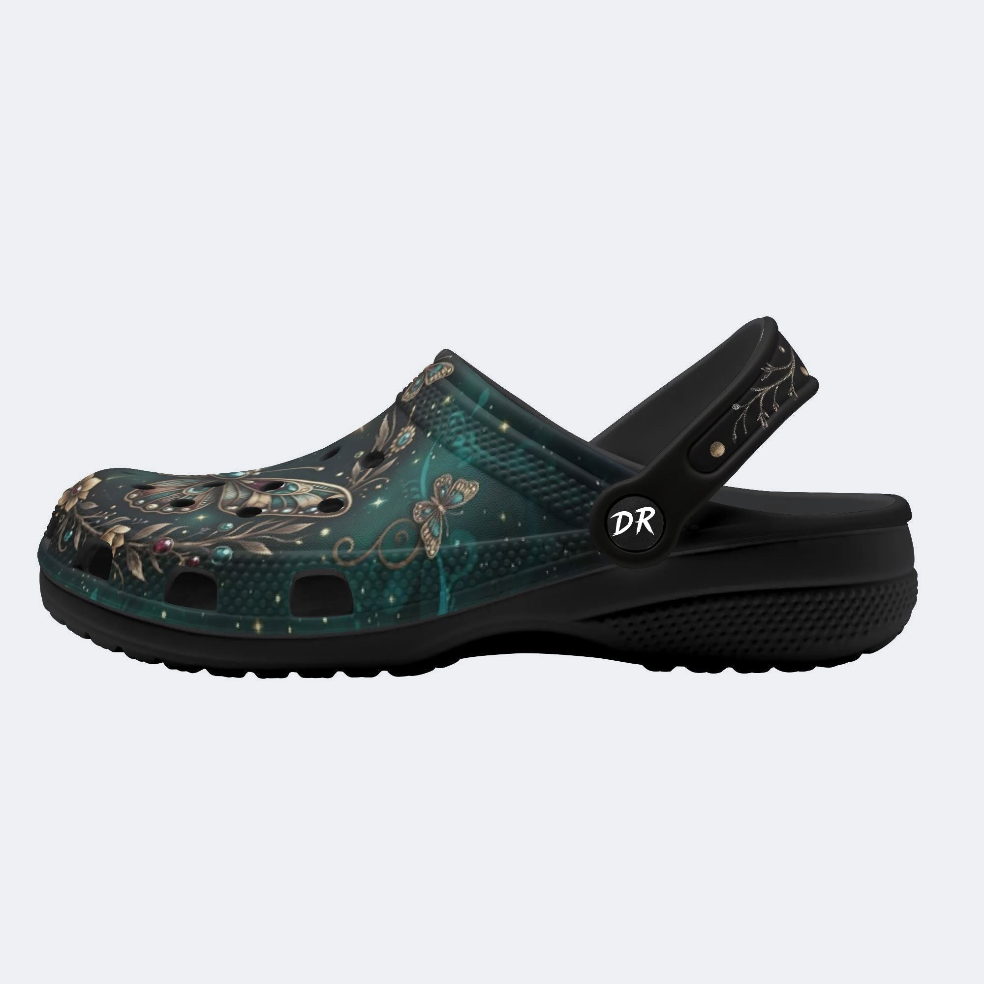Dark Night Radiant Gem Butterfly Dance Print Fleece-Lined Clogs