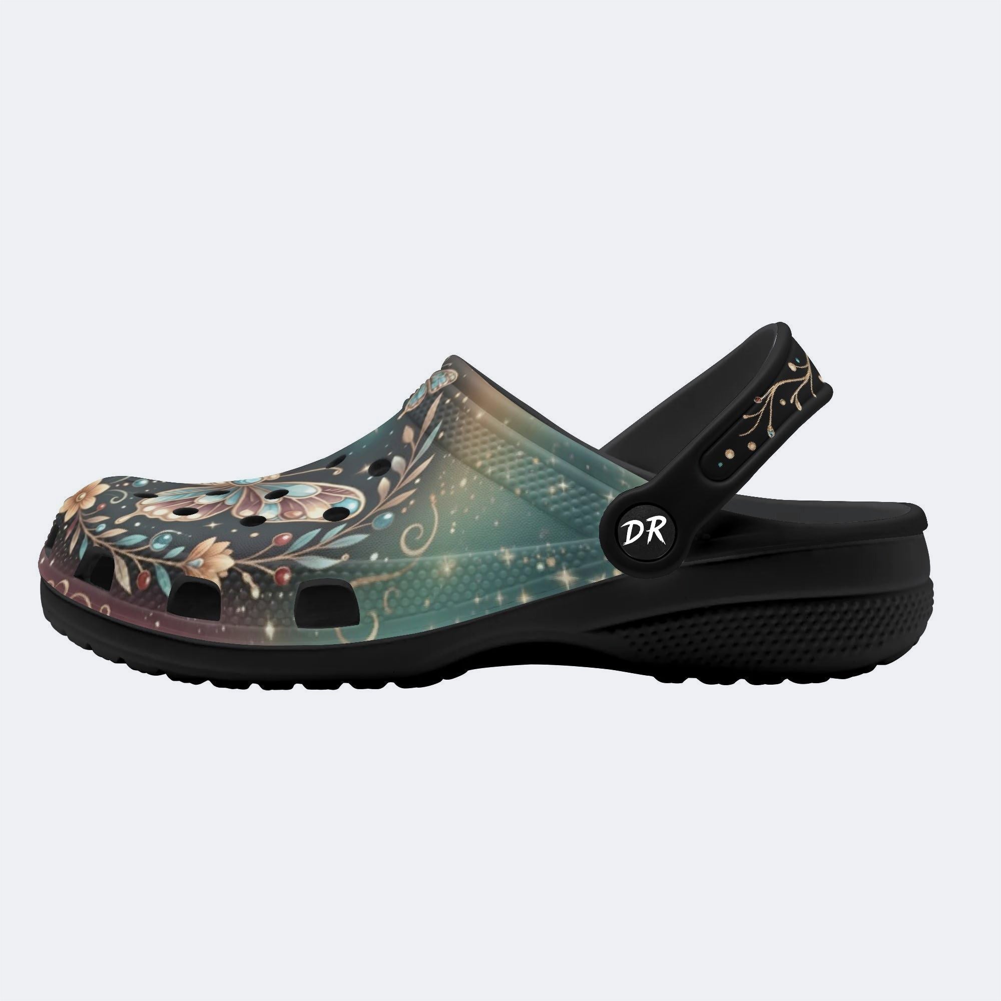 Fantasy Butterfly Flower Cluster Print Clogs