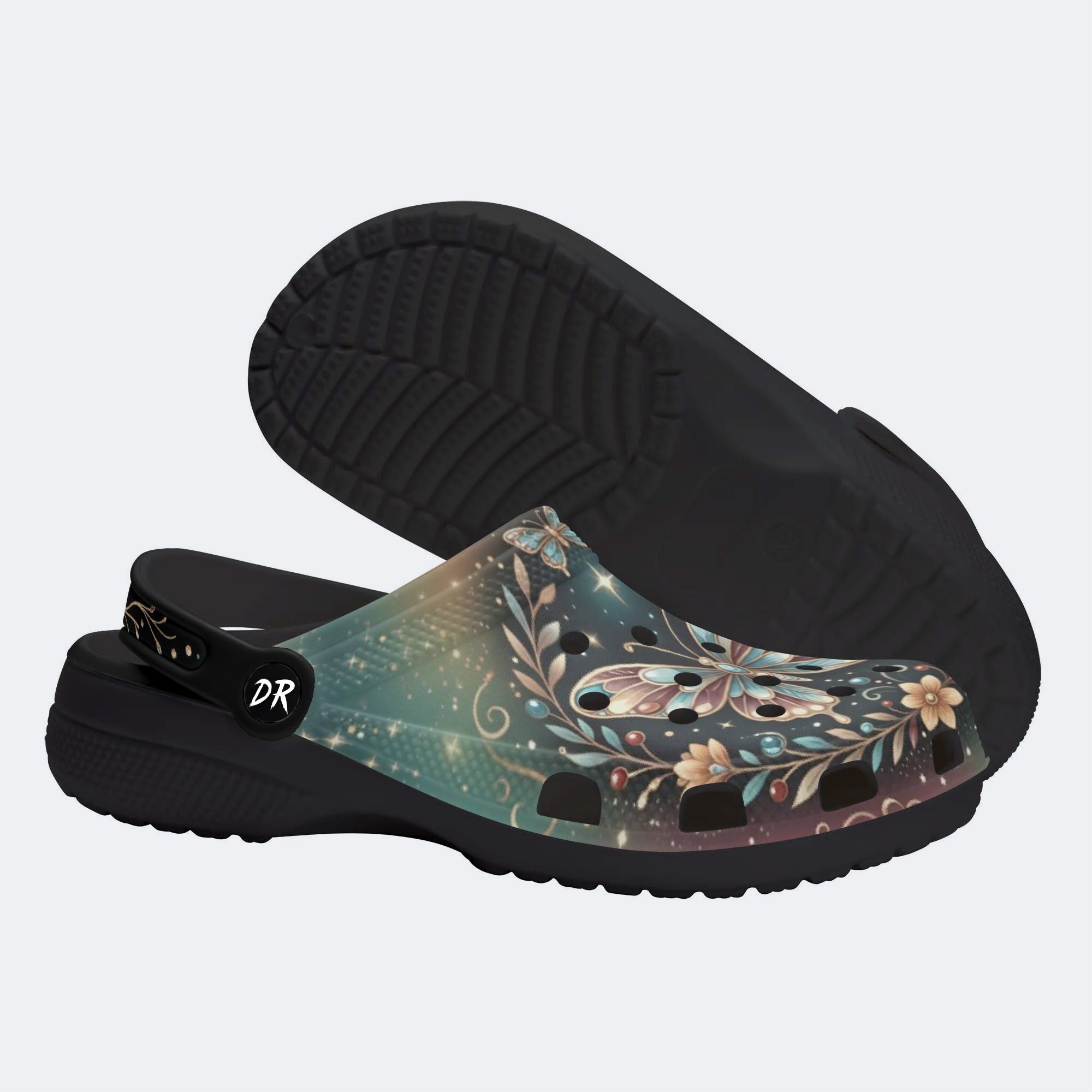 Fantasy Butterfly Flower Cluster Print Clogs