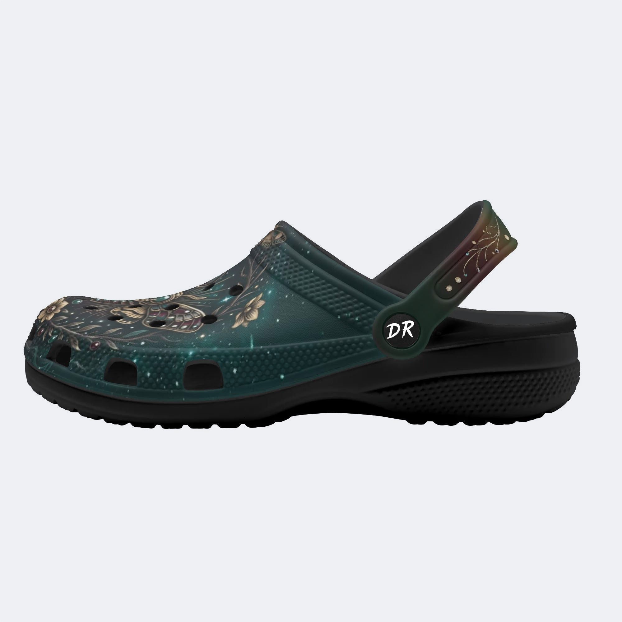 Retro Skull Moth Flowers Print Clogs