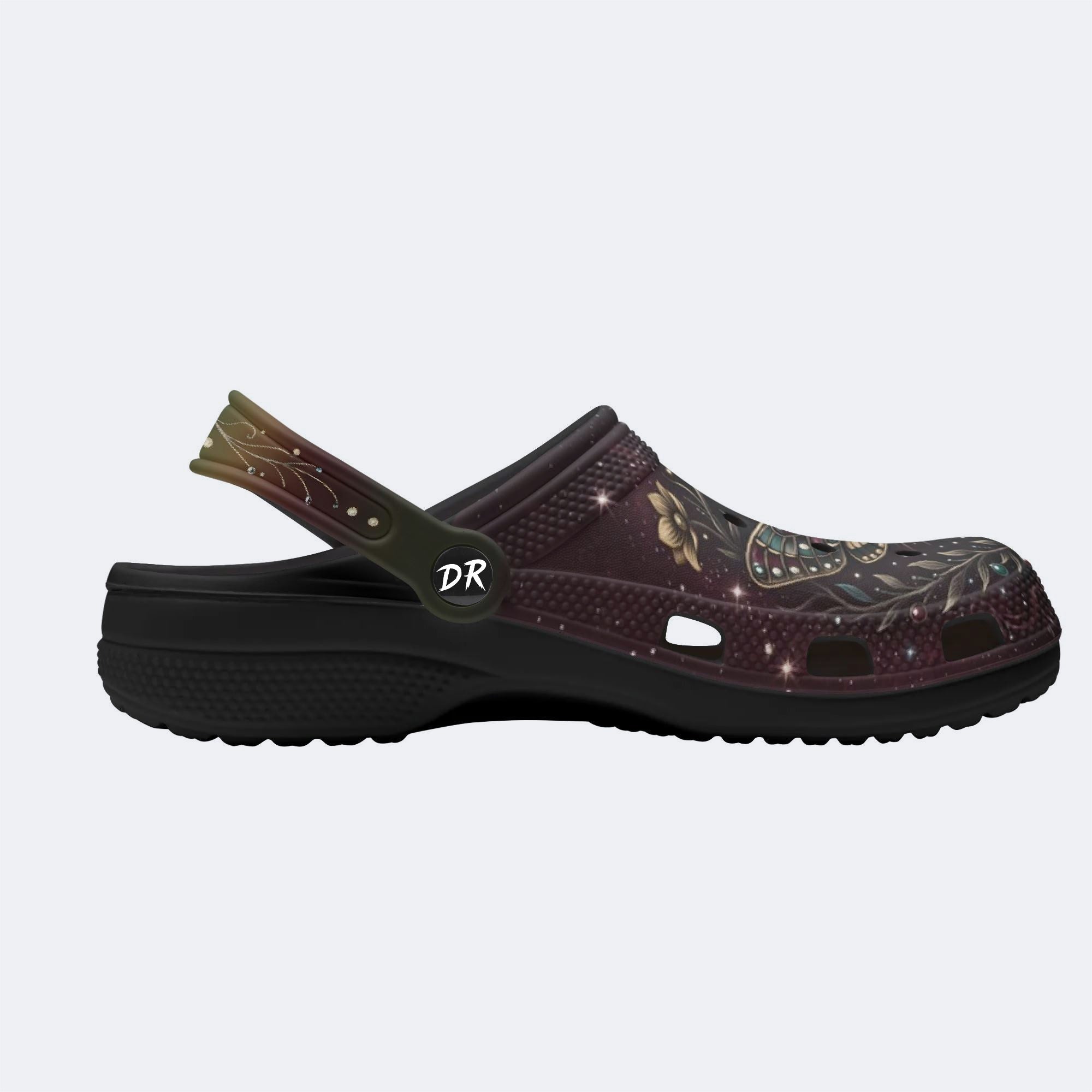 Retro Skull Moth Flowers Print Fleece-Lined Clogs