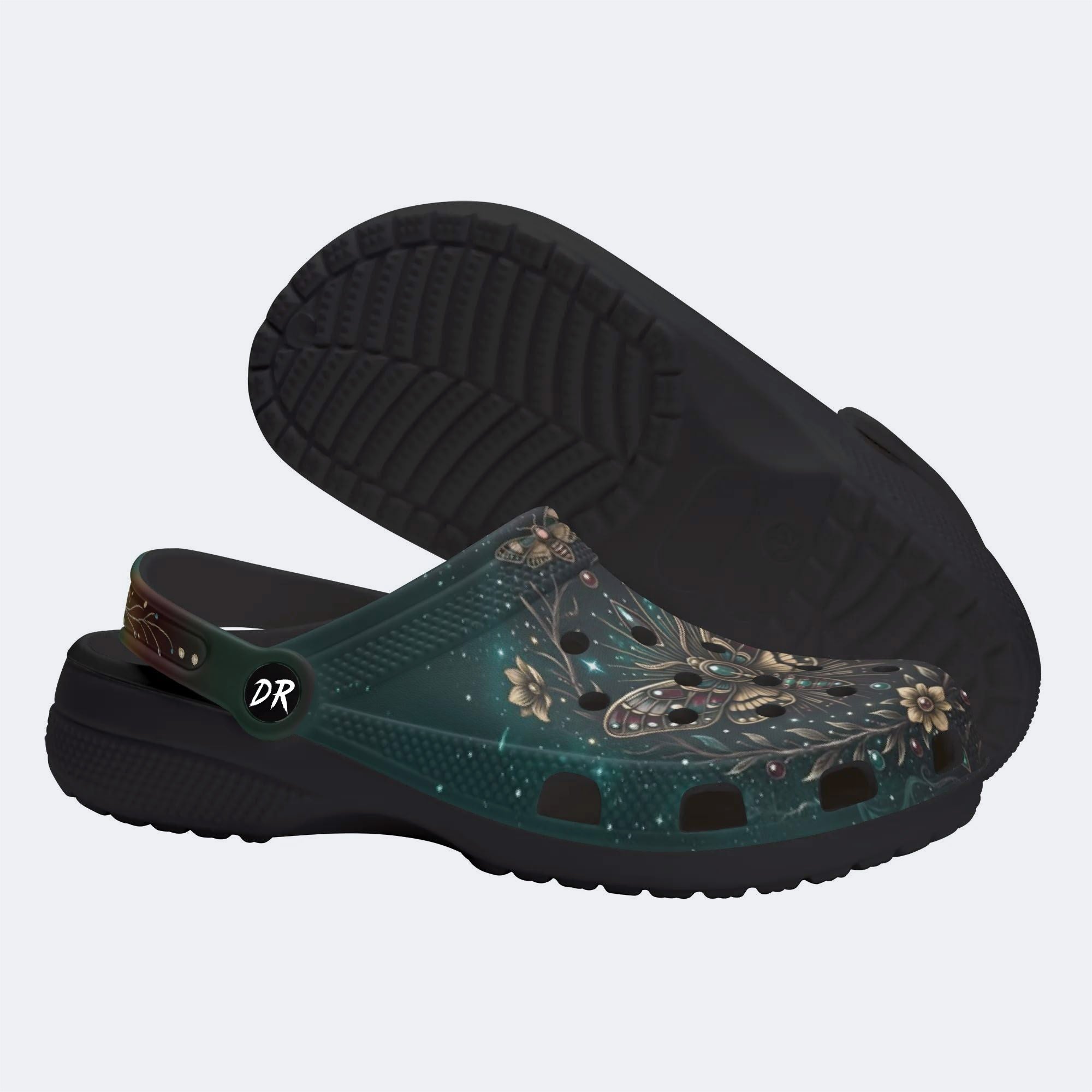 Retro Skull Moth Flowers Print Clogs