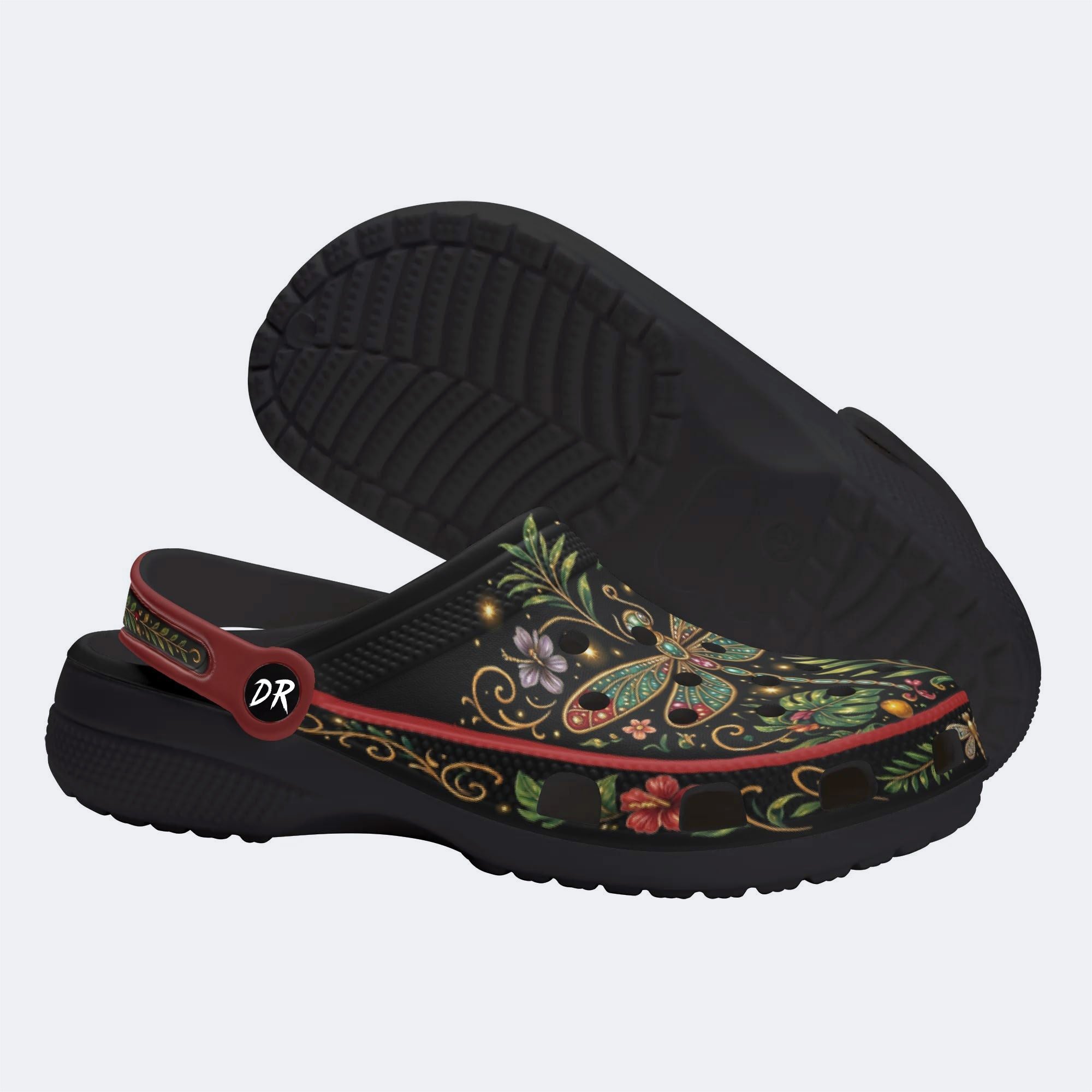 Jewel Dragonfly Vintage Wreath Print Fleece-Lined Clogs