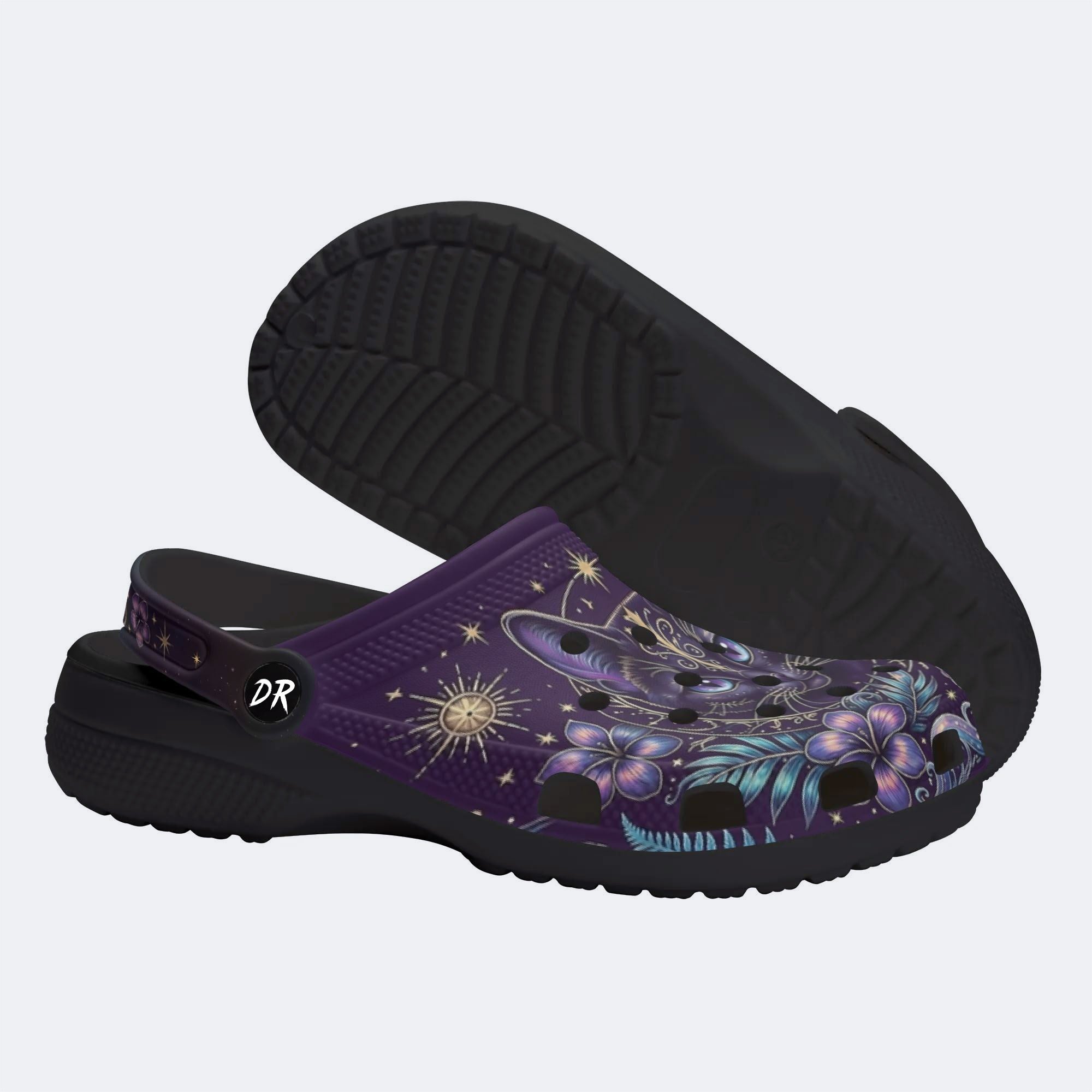 Mystic Black Cat Tropical Hibiscus Print Clogs
