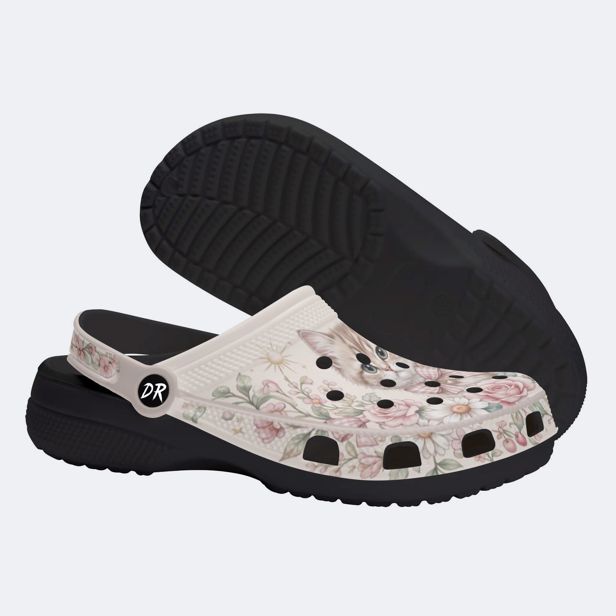 Pastel Kitten Floral Print Clogs