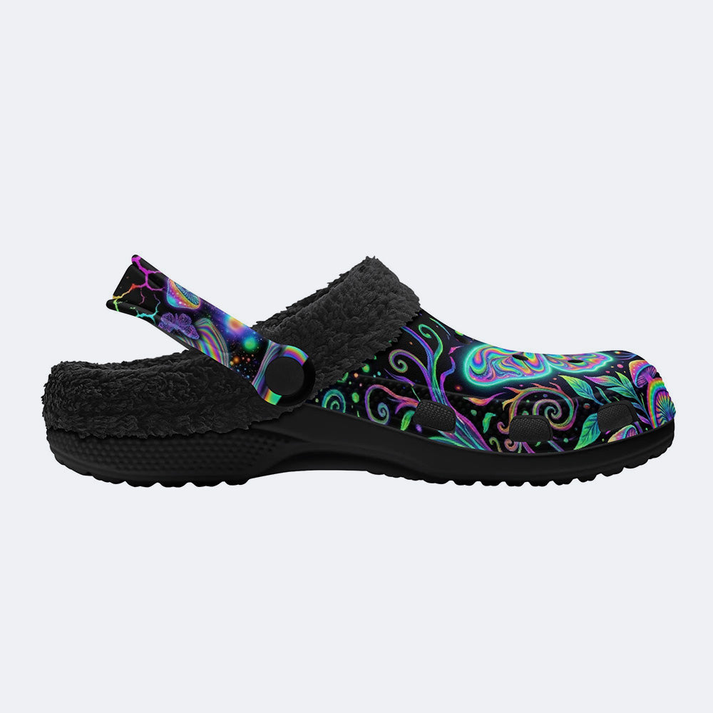 Neon Blue Green Psychedelic Moth Fleece-Lined Clogs