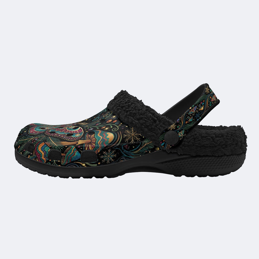 Mushroom Forest Moth Vintage Floral Wreath Print Fleece-Lined Clogs
