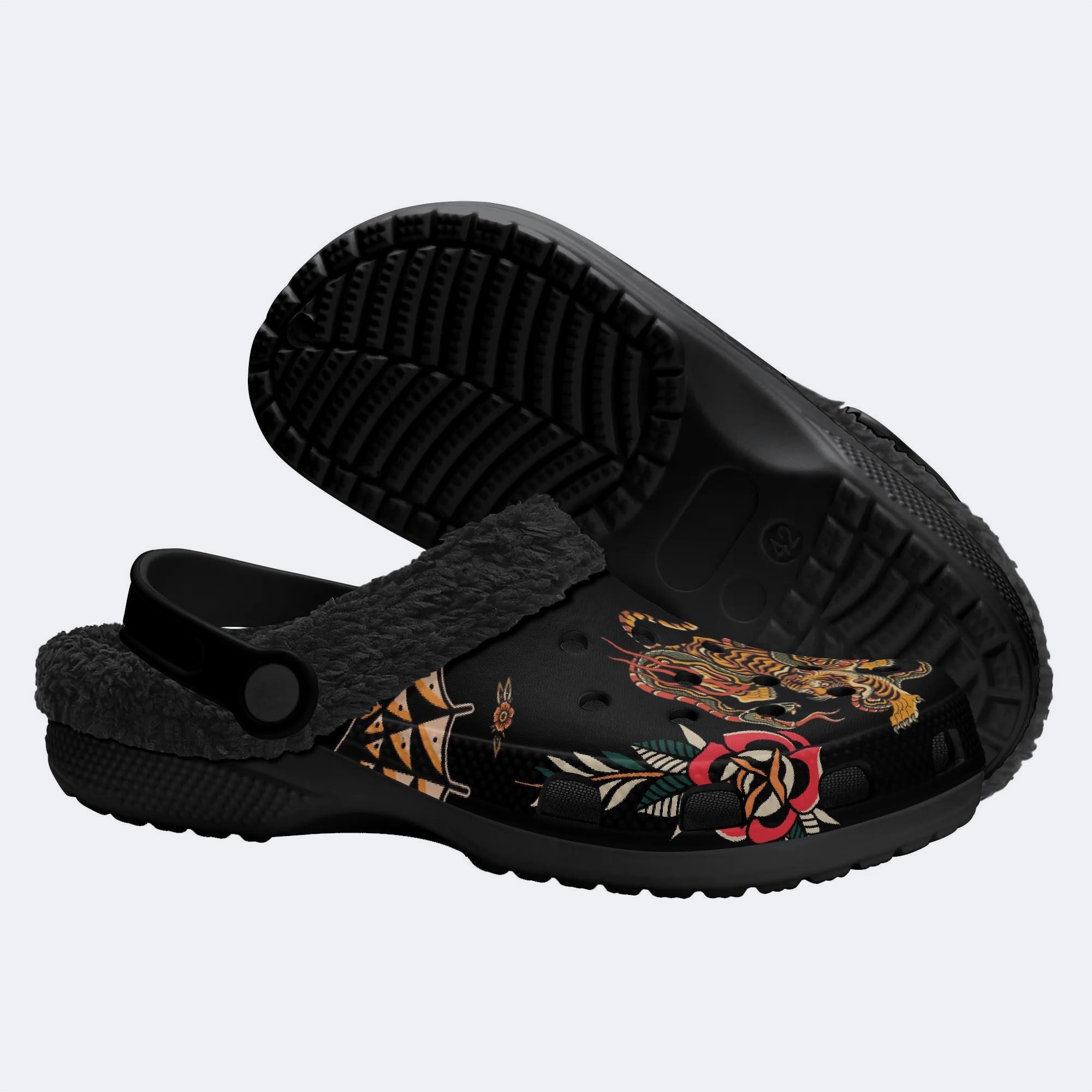 Old School Tiger & Snake Print Fleece-Lined Clogs
